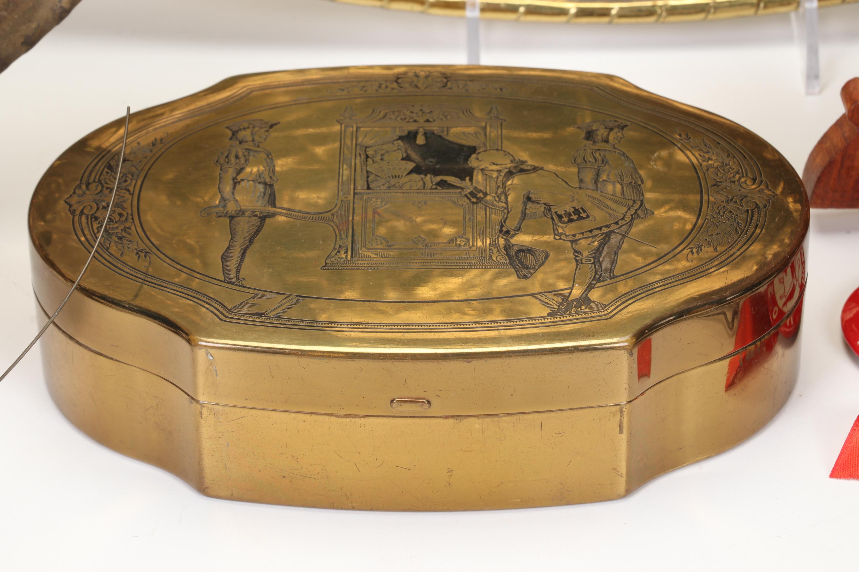 Pressed Brass Wall Hanging, Carved Wood Plant Stand, Schrafft's Candy Box & More