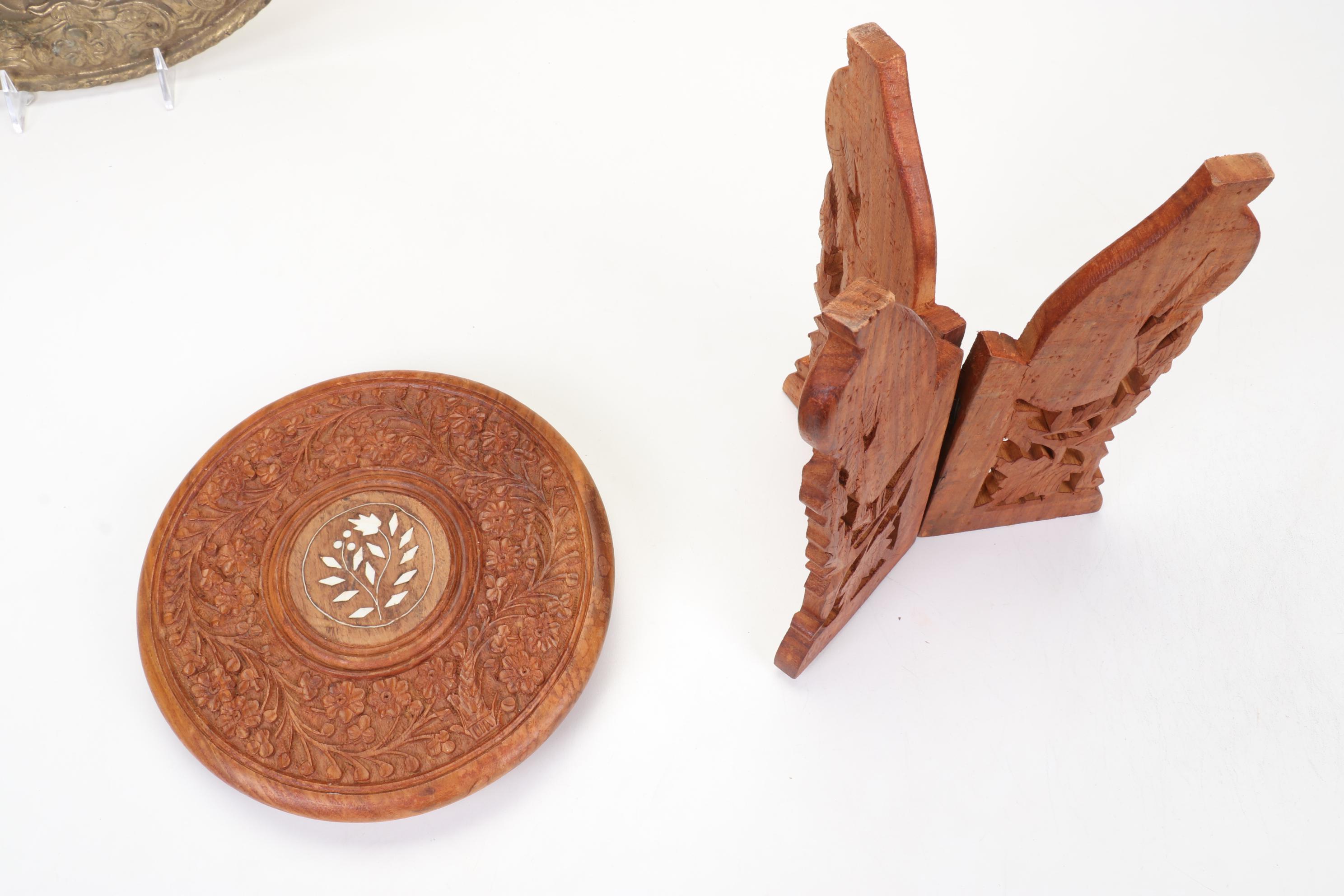 Pressed Brass Wall Hanging, Carved Wood Plant Stand, Schrafft's Candy Box & More