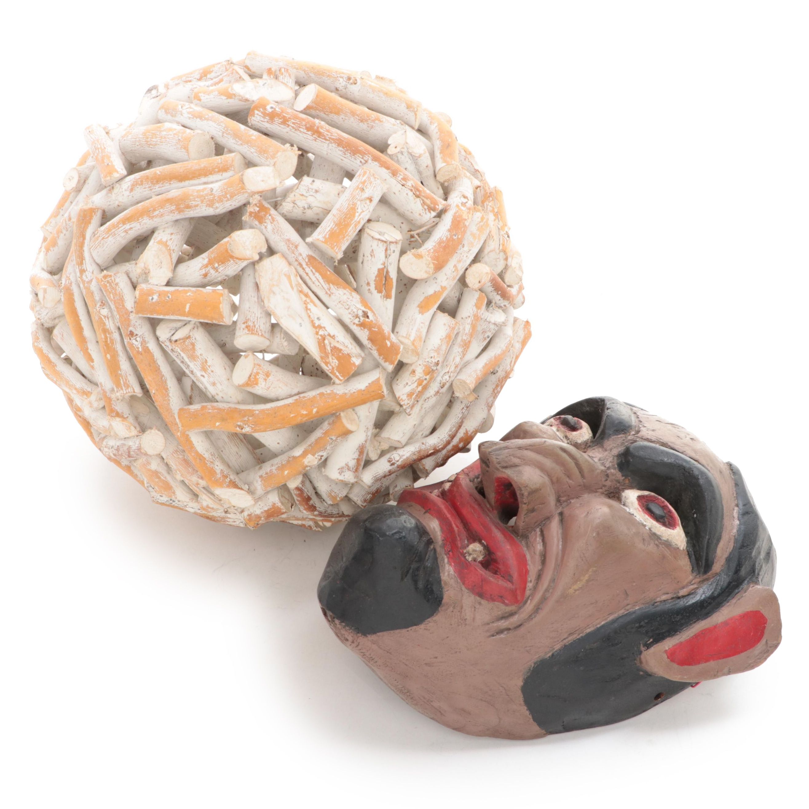 Vintage Polychrome Painted Carved Mexican Mask with Whitewashed Driftwood Sphere