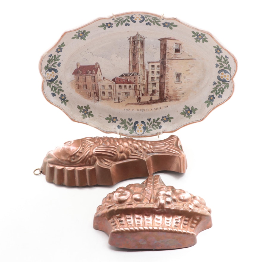 French Rouen Faïence Ceramic Serving Platter with Copper Baking Molds