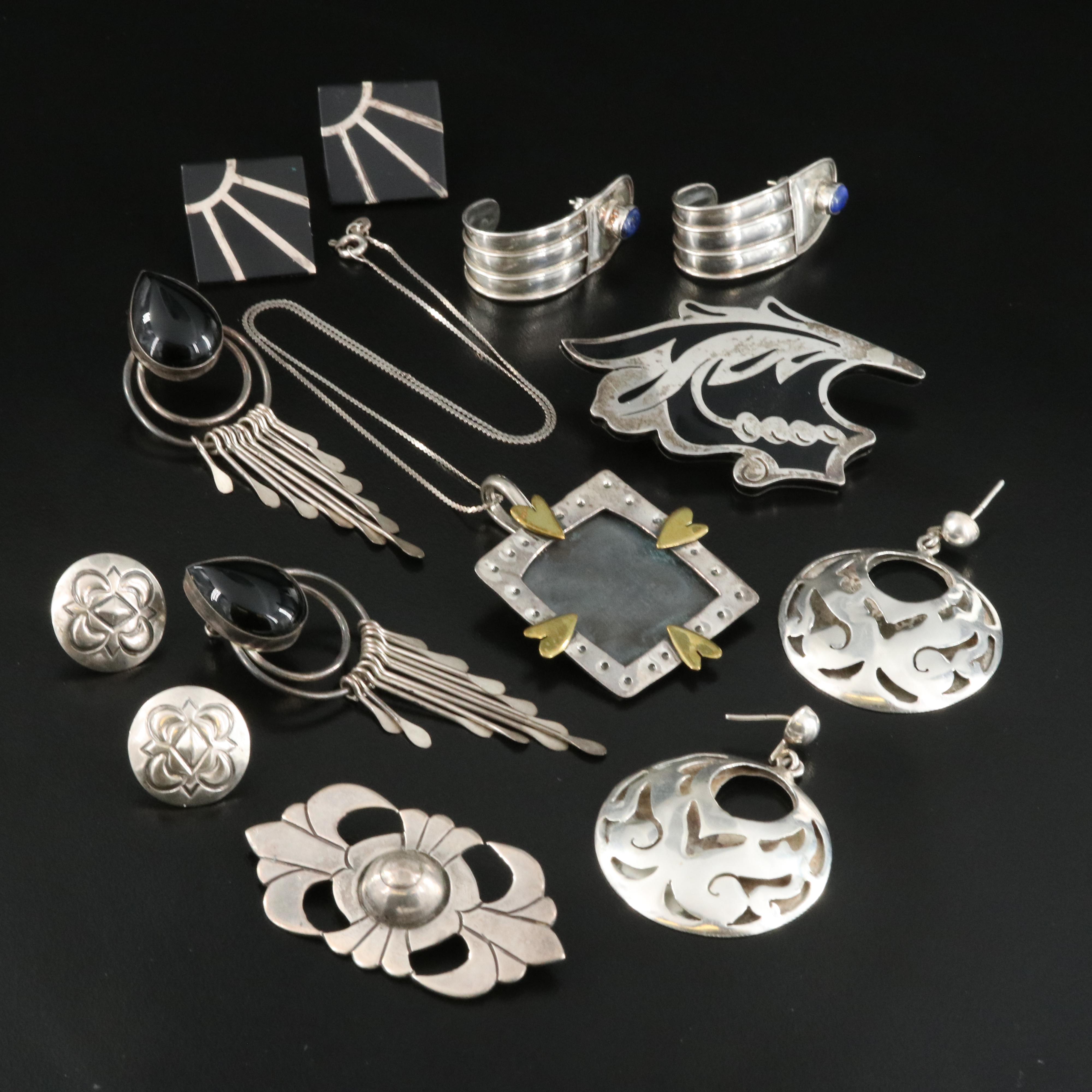 Sterling, 800 and 980 Silver Jewelry Featuring Black Onyx and Lapis Lazuli