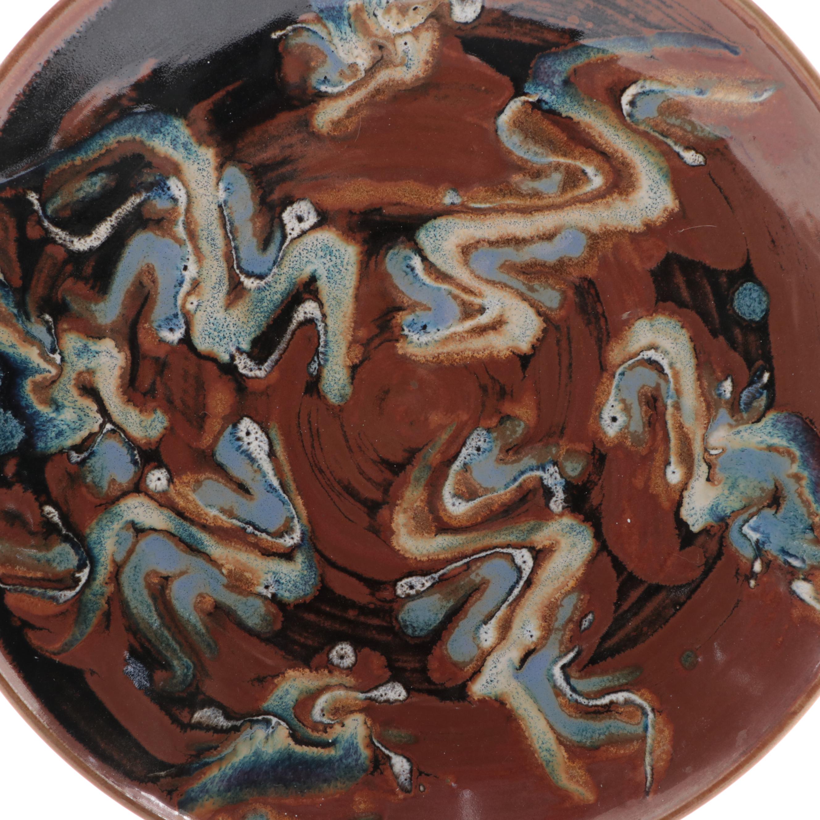 Artist Signed Mottled Glaze Stoneware Centerpiece Bowl, 1998