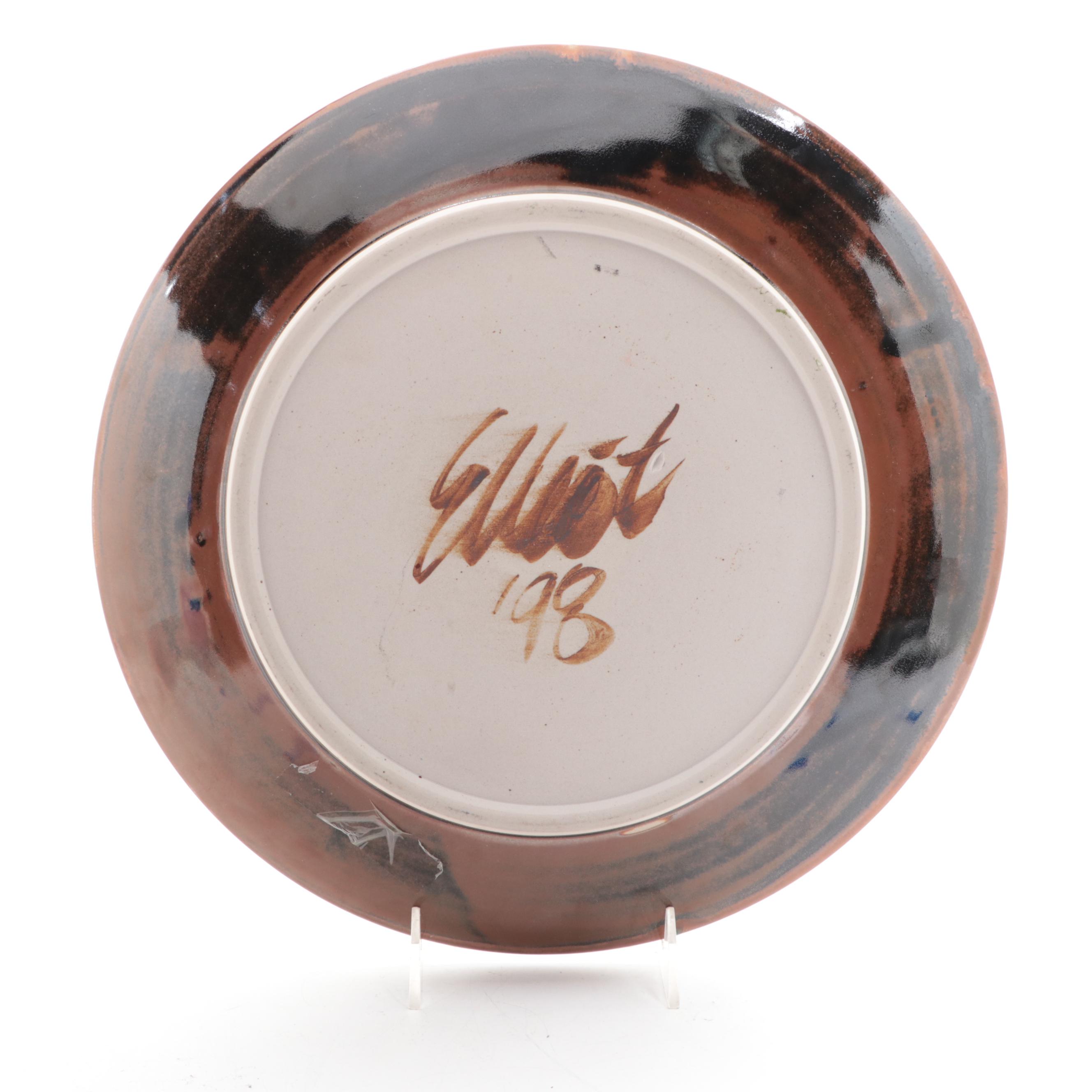 Artist Signed Mottled Glaze Stoneware Centerpiece Bowl, 1998