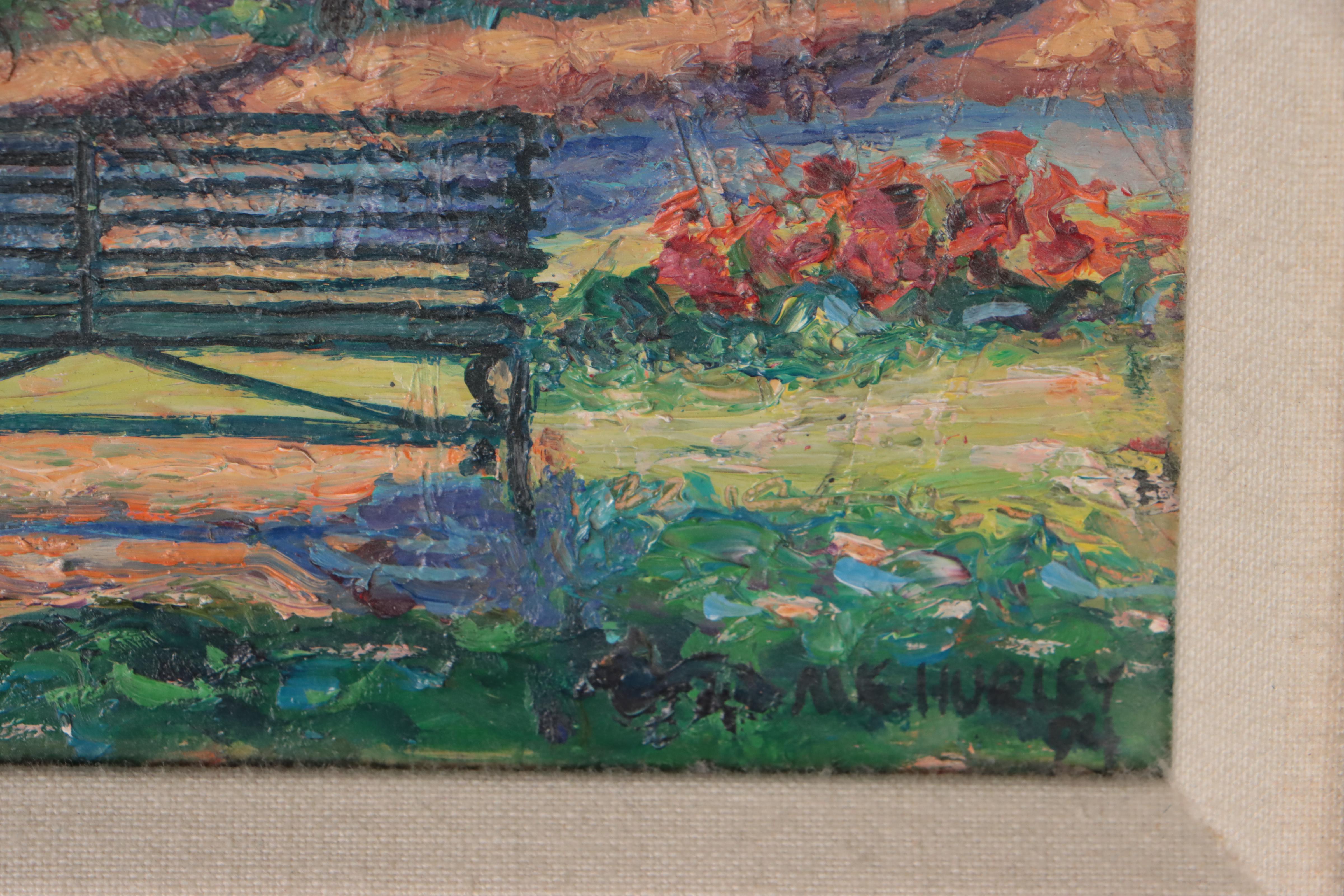 M. Katherline Hurley Impressionist Style Oil Painting of Park Bench