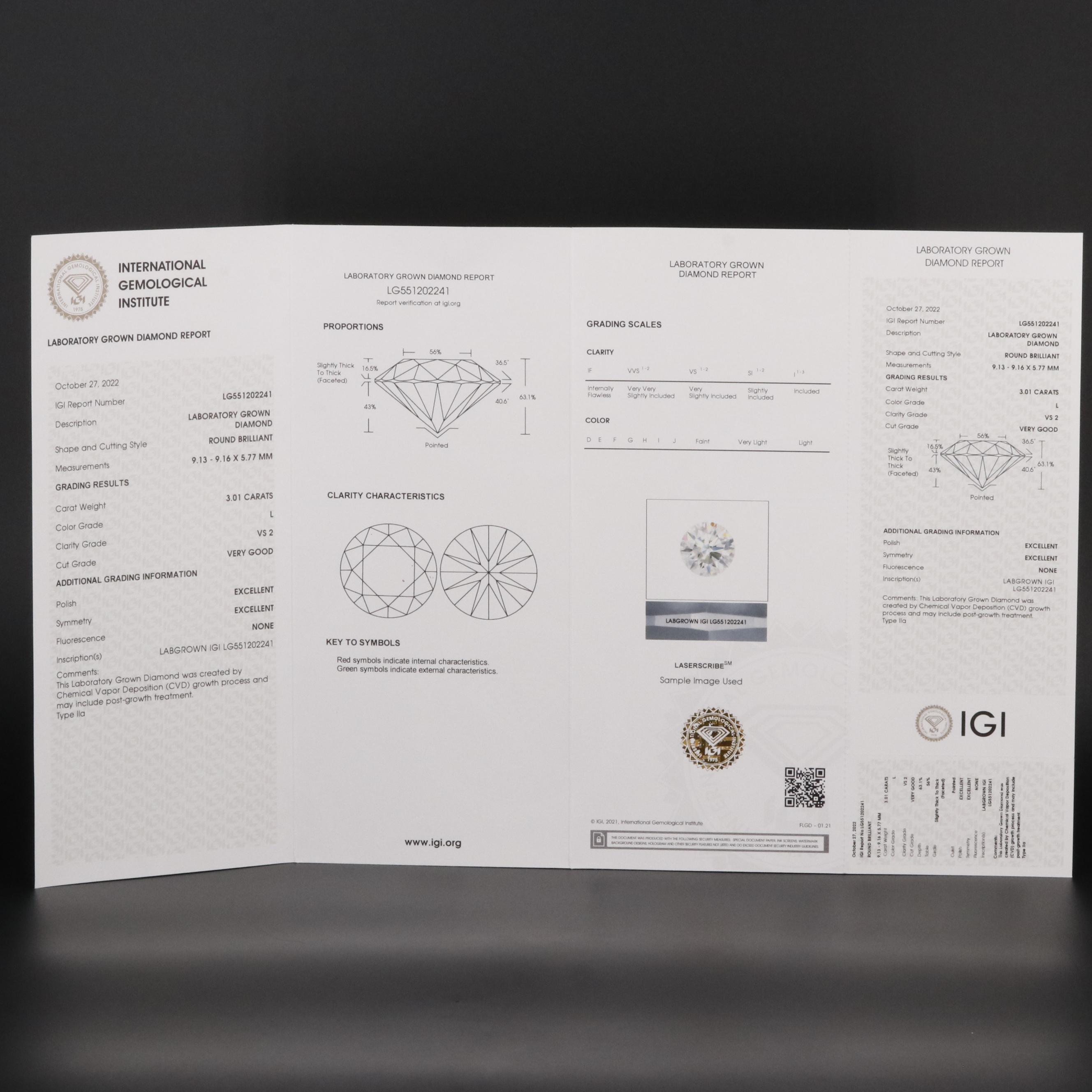 Loose 3.01 CT Lab Grown Diamond with IGI Report