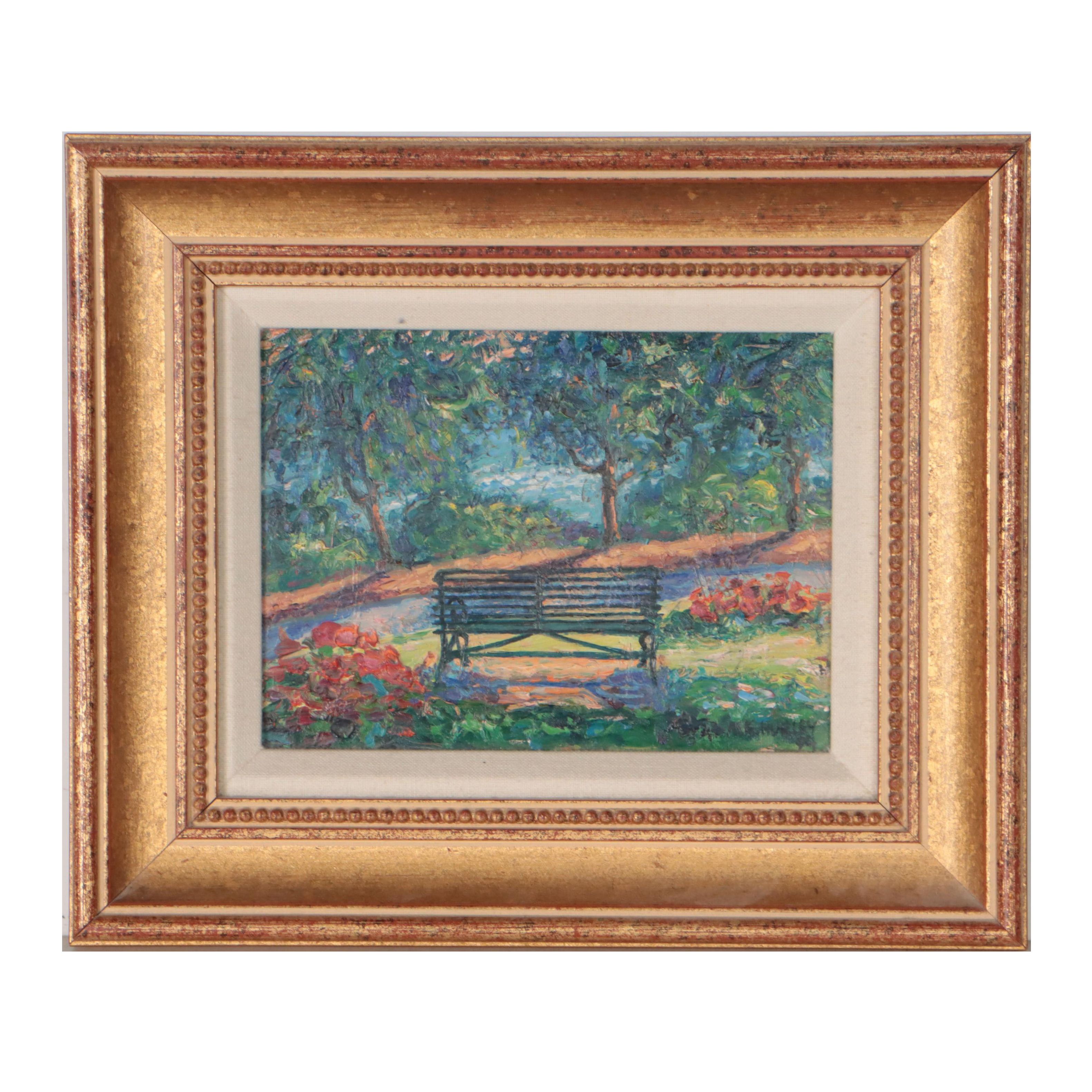M. Katherline Hurley Impressionist Style Oil Painting of Park Bench