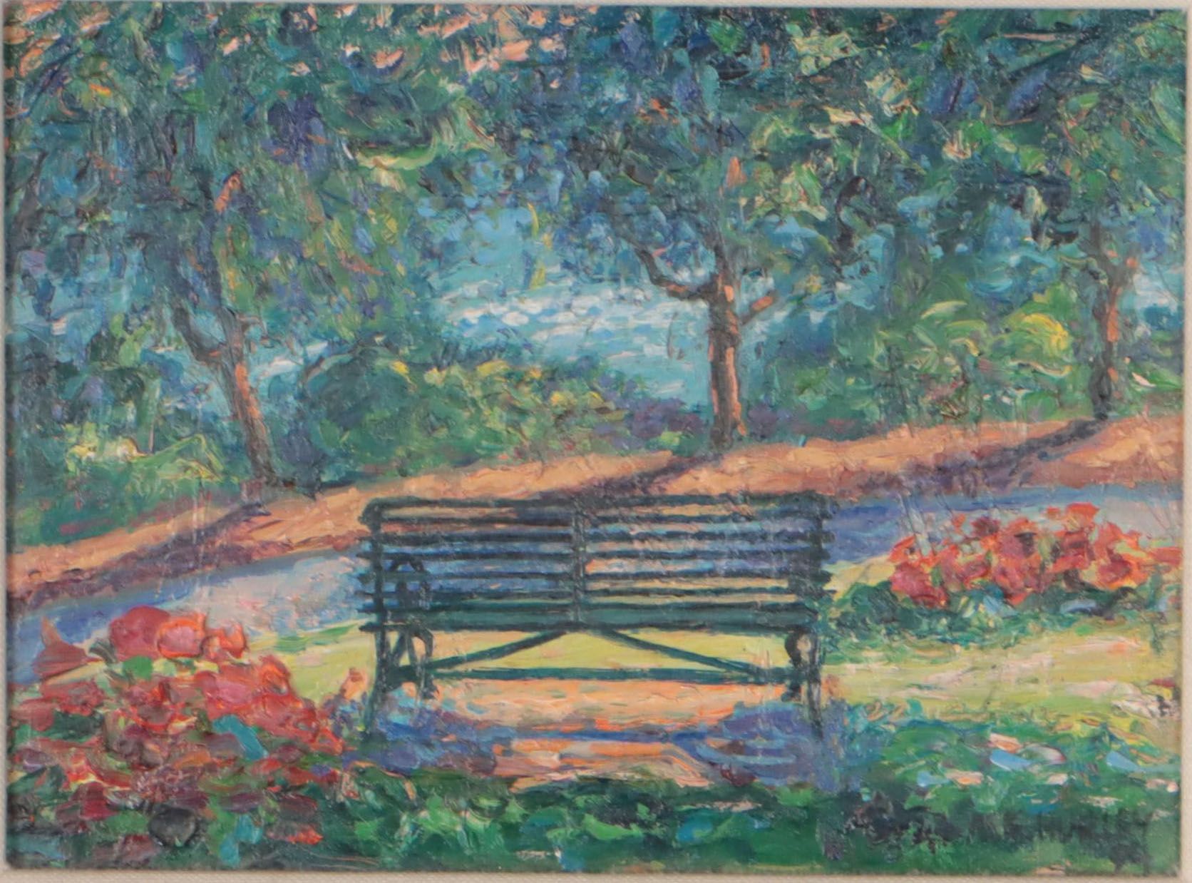 M. Katherline Hurley Impressionist Style Oil Painting of Park Bench