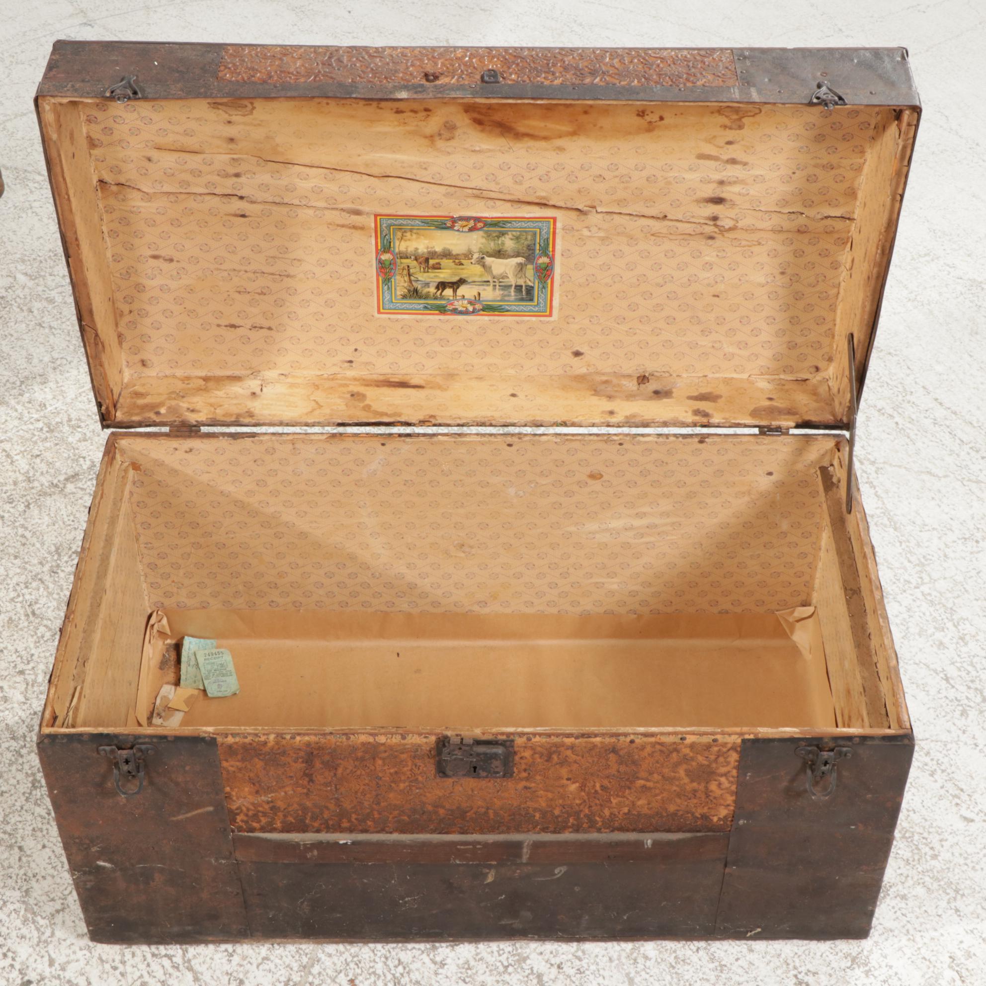 J.R. Hughes Flat-Top Trunk with Victorian Wood and Pressed Tin Trunk