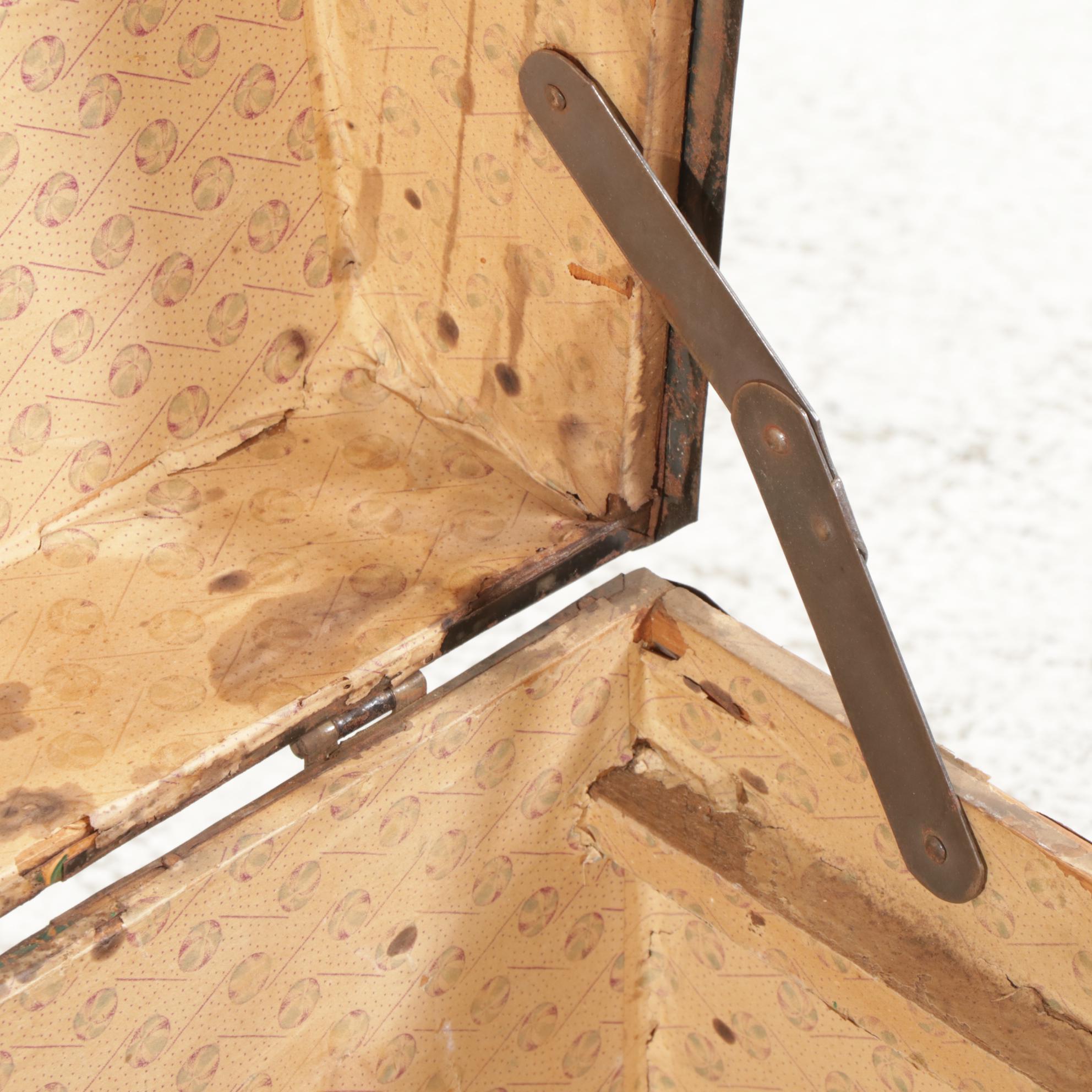 J.R. Hughes Flat-Top Trunk with Victorian Wood and Pressed Tin Trunk