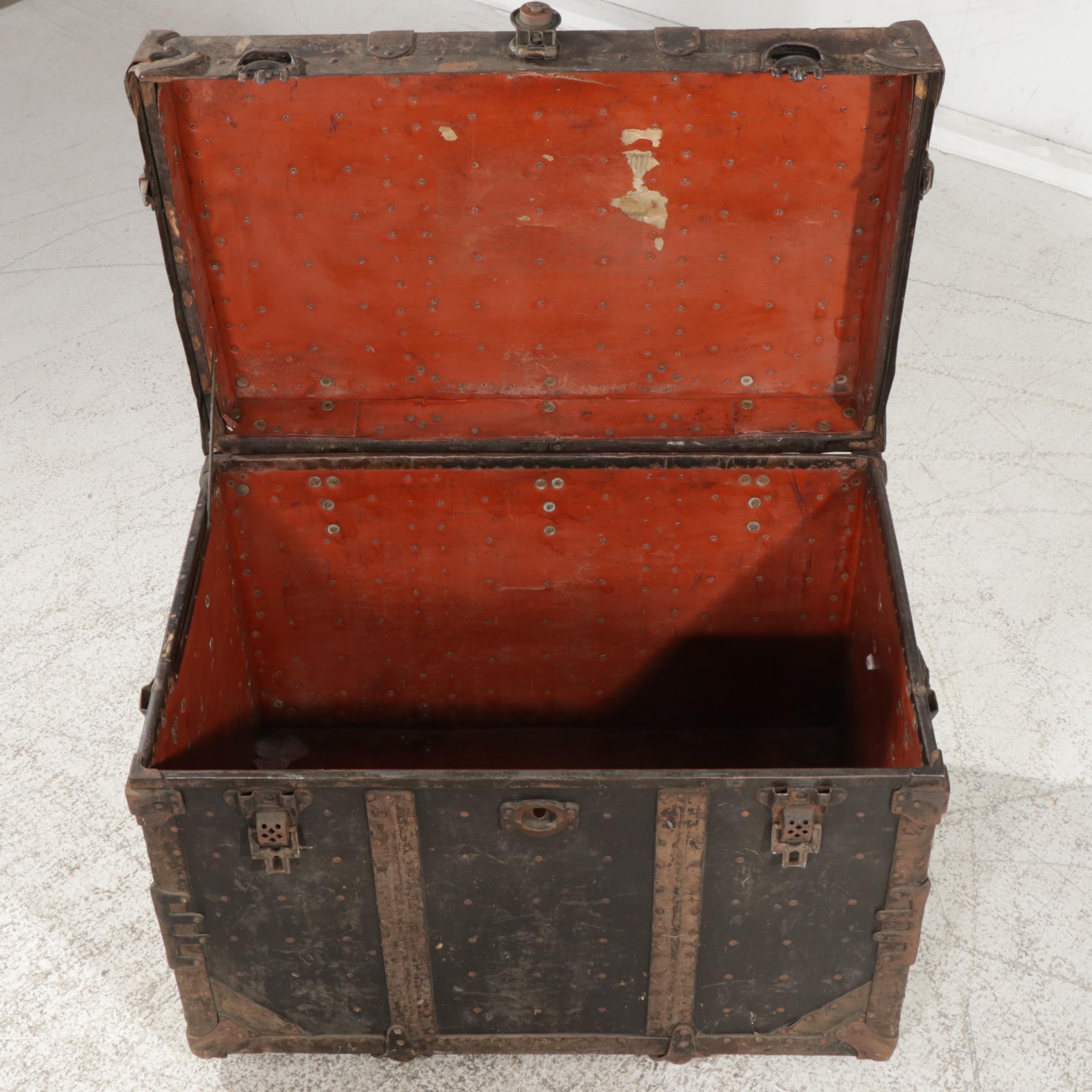 J.R. Hughes Flat-Top Trunk with Victorian Wood and Pressed Tin Trunk