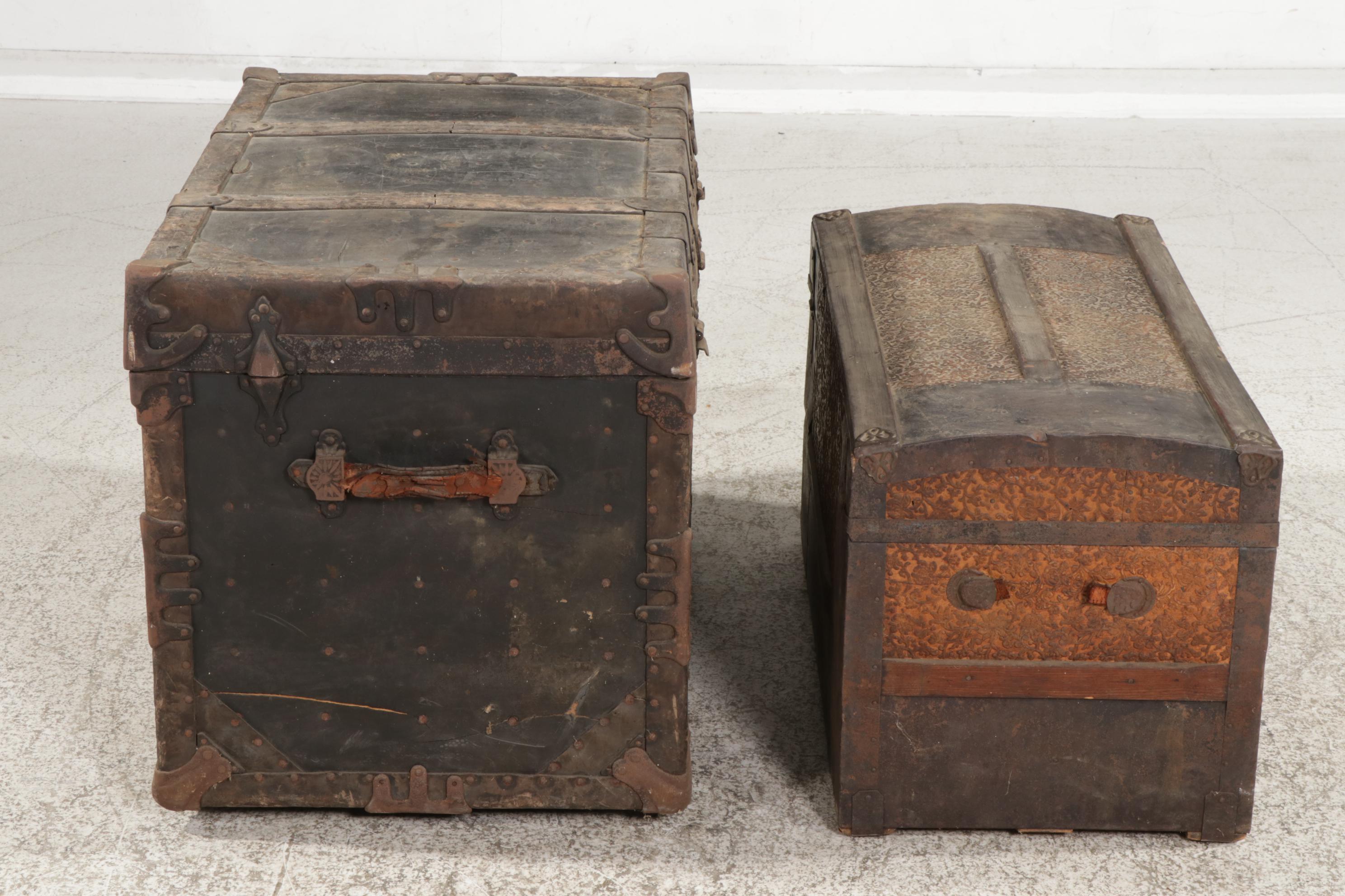 J.R. Hughes Flat-Top Trunk with Victorian Wood and Pressed Tin Trunk