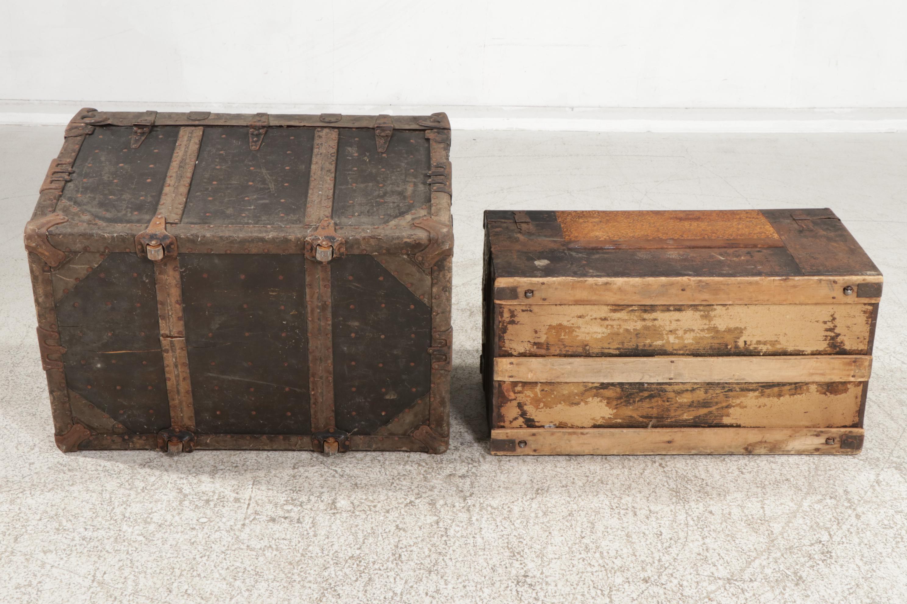 J.R. Hughes Flat-Top Trunk with Victorian Wood and Pressed Tin Trunk