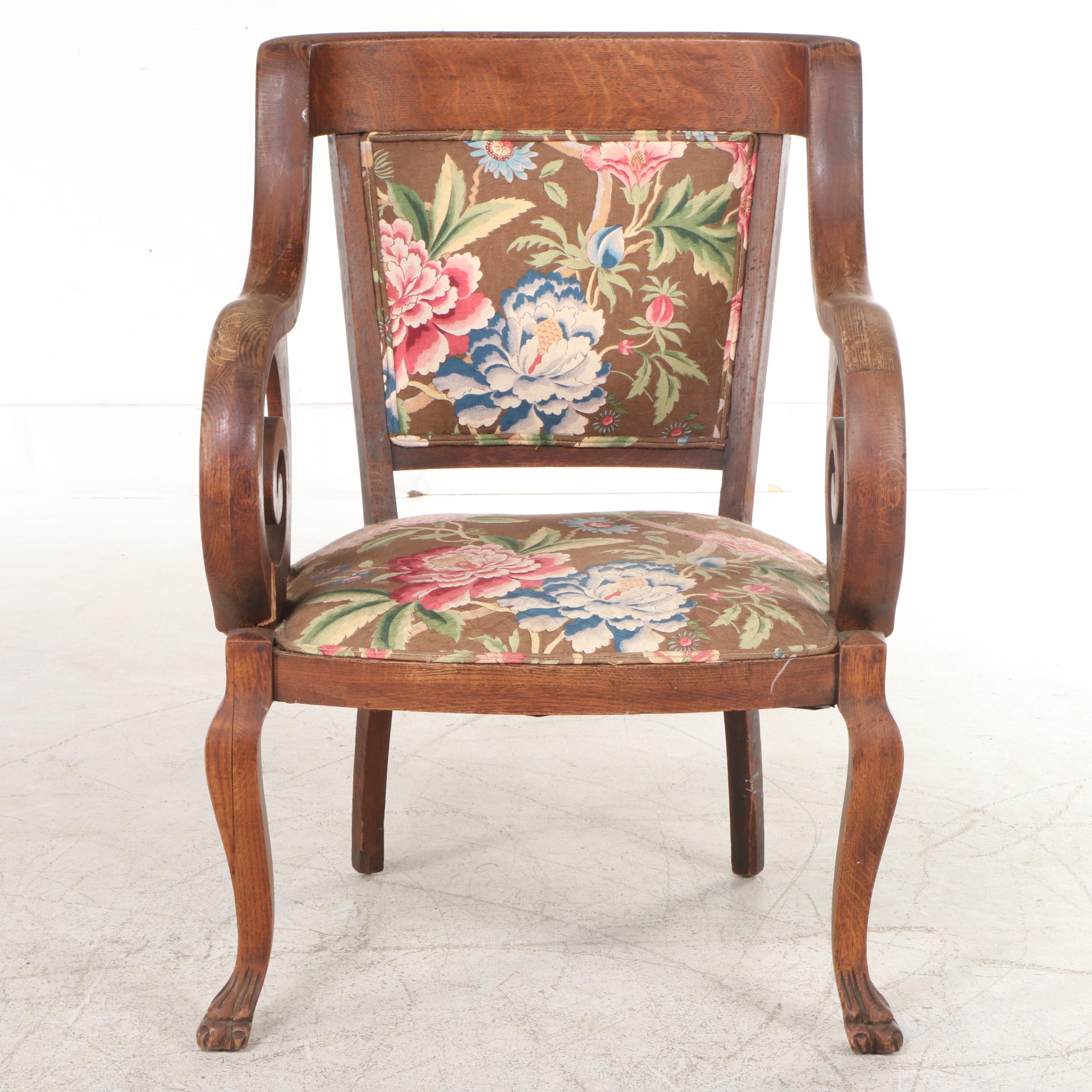 Colonial Revival Oak Armchair with Footstool in Printed Cotton