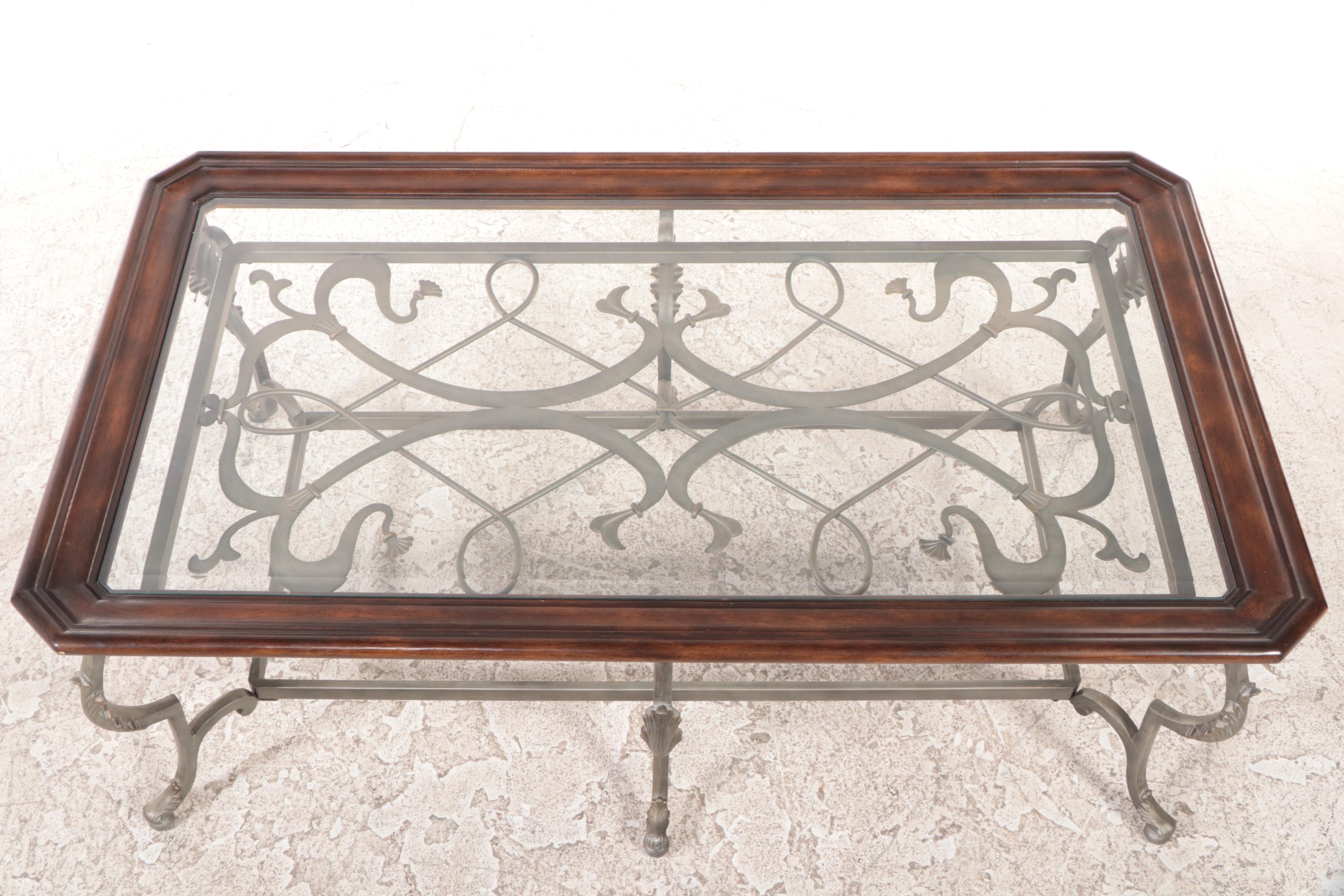 Klaussner International Patinated Metal, Wood, and Glass Top Coffee Table