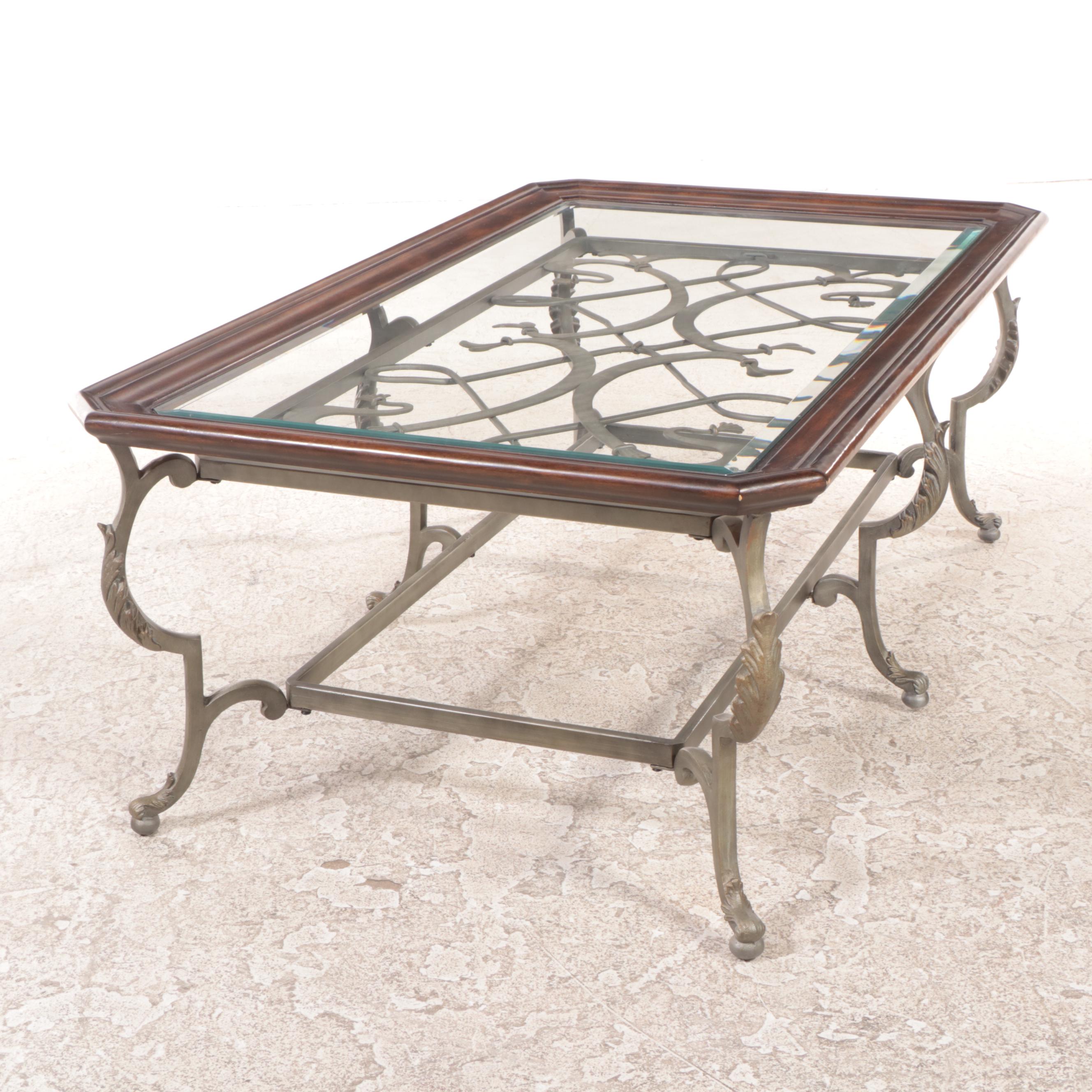 Klaussner International Patinated Metal, Wood, and Glass Top Coffee Table
