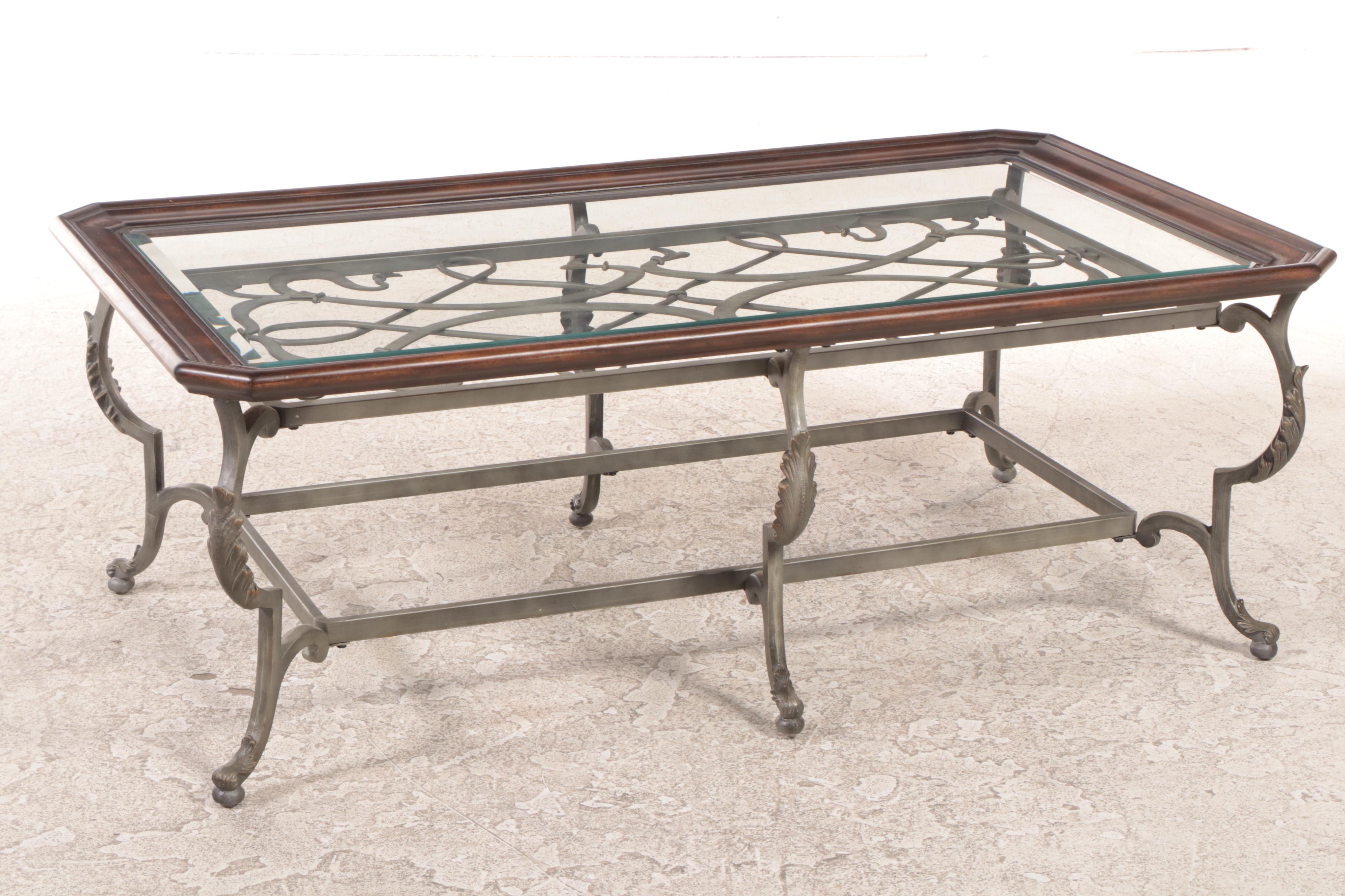 Klaussner International Patinated Metal, Wood, and Glass Top Coffee Table