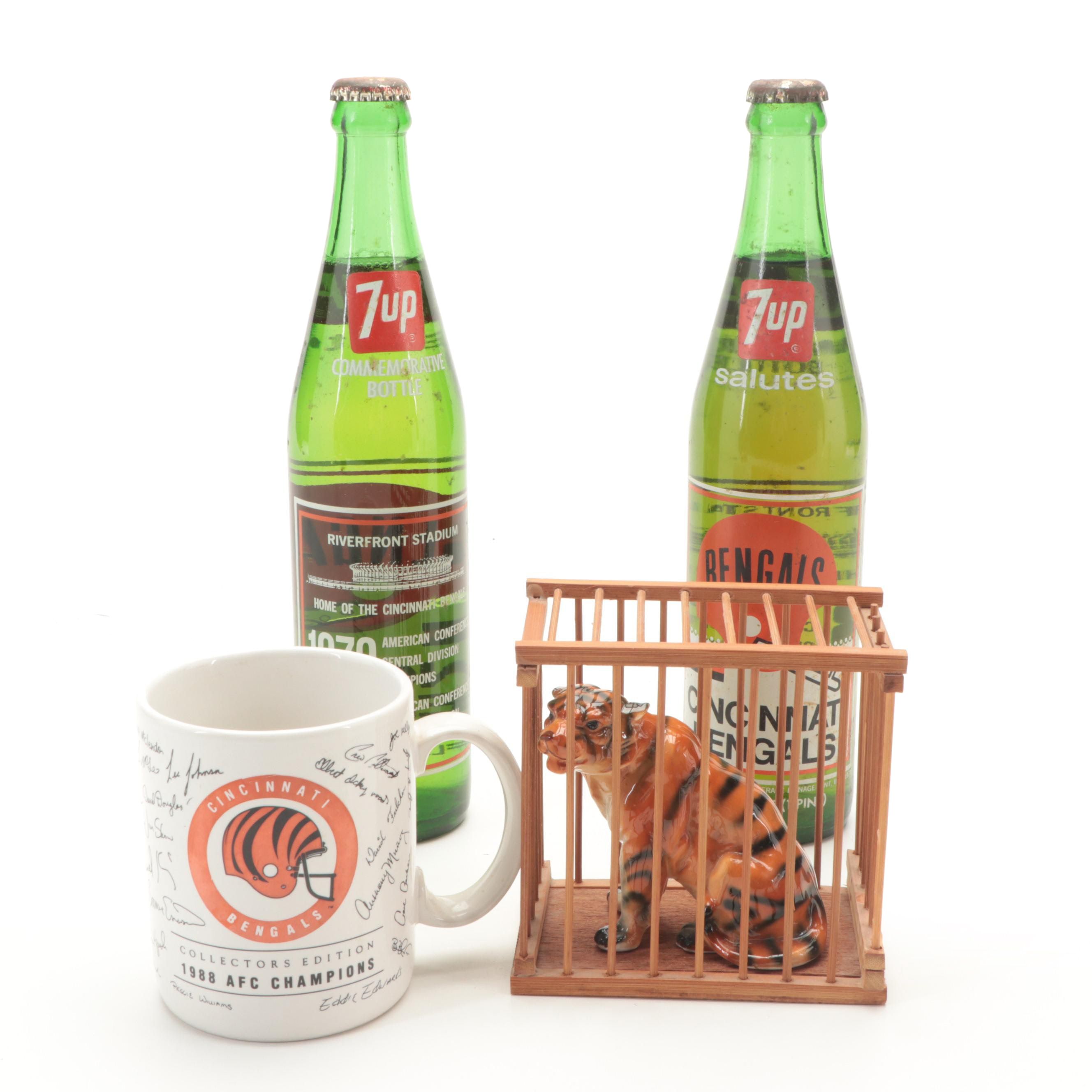 Cincinnati Bengals Commemorative Mug and 7UP Bottles with Tiger Figurine