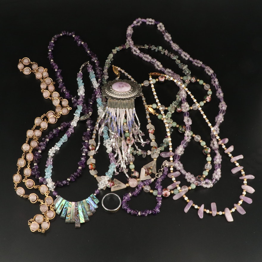 Necklace, Bracelet, Brooch and Ring Grouping Including Amethyst and Abalone