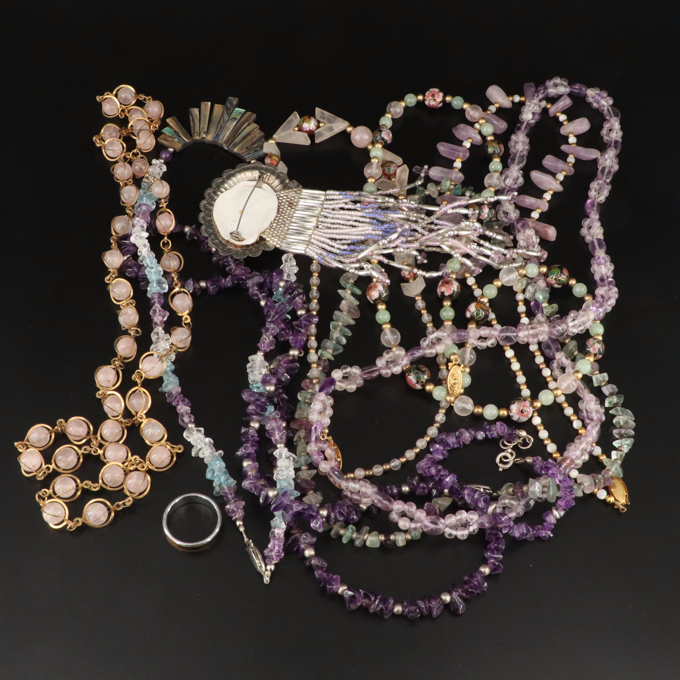 Necklace, Bracelet, Brooch and Ring Grouping Including Amethyst and Abalone