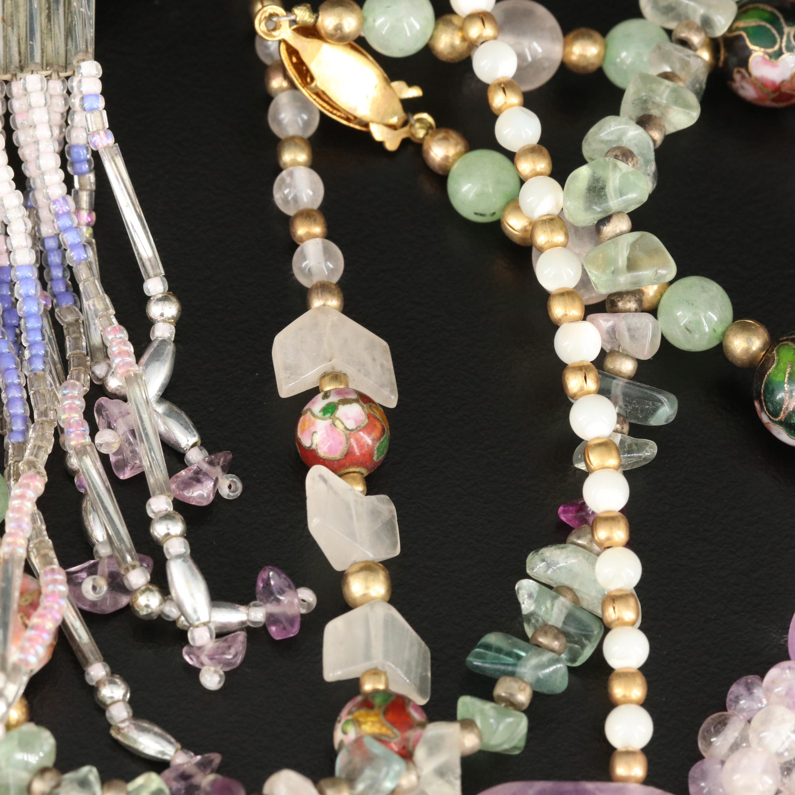 Necklace, Bracelet, Brooch and Ring Grouping Including Amethyst and Abalone