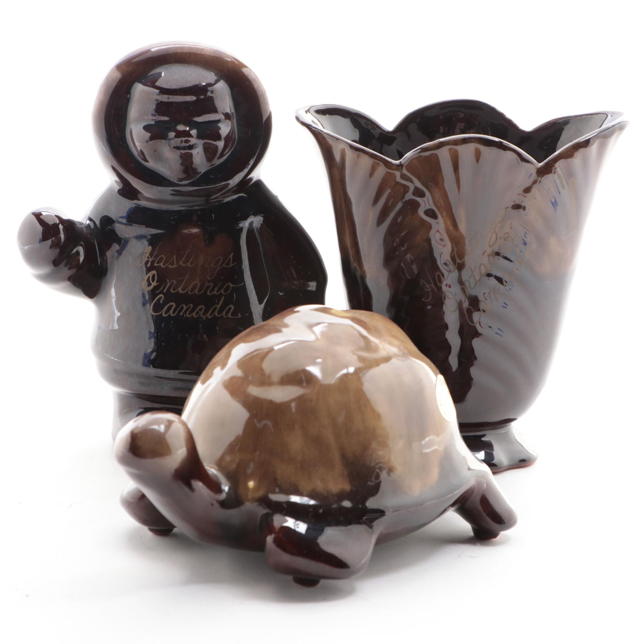 Canadian Grand River Pottery Turtle and Inuit Figurine with Fan Vase