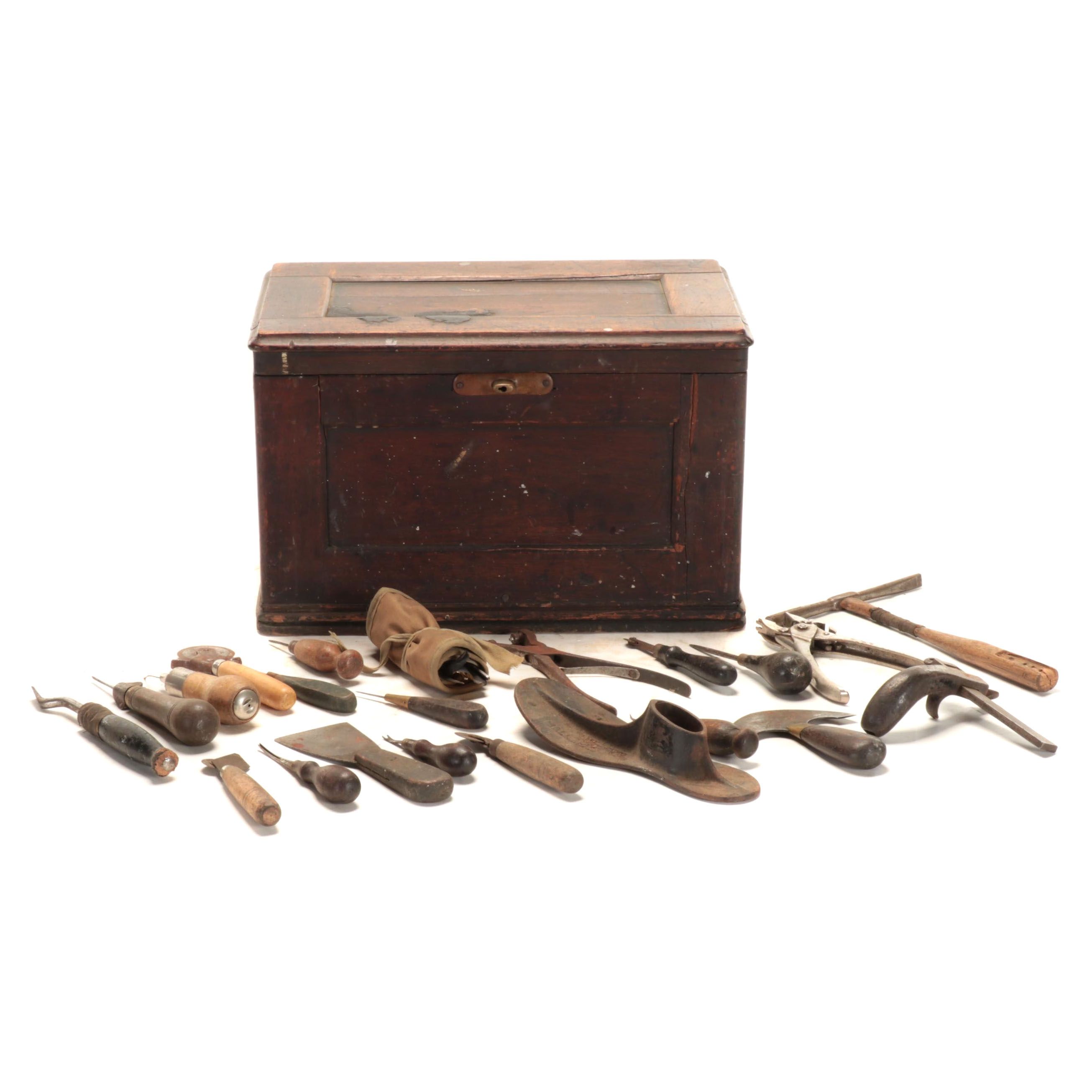 Victorian Walnut Tool Chest with Cobbler and Leather Working Tools