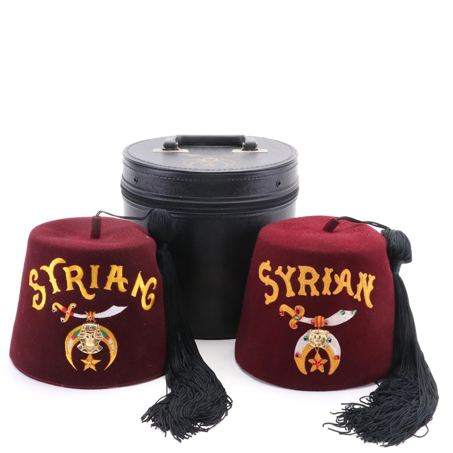 Syrian Shrine of Cincinnati, Ohio Embellished Shriners Fez Hats with Hat Box