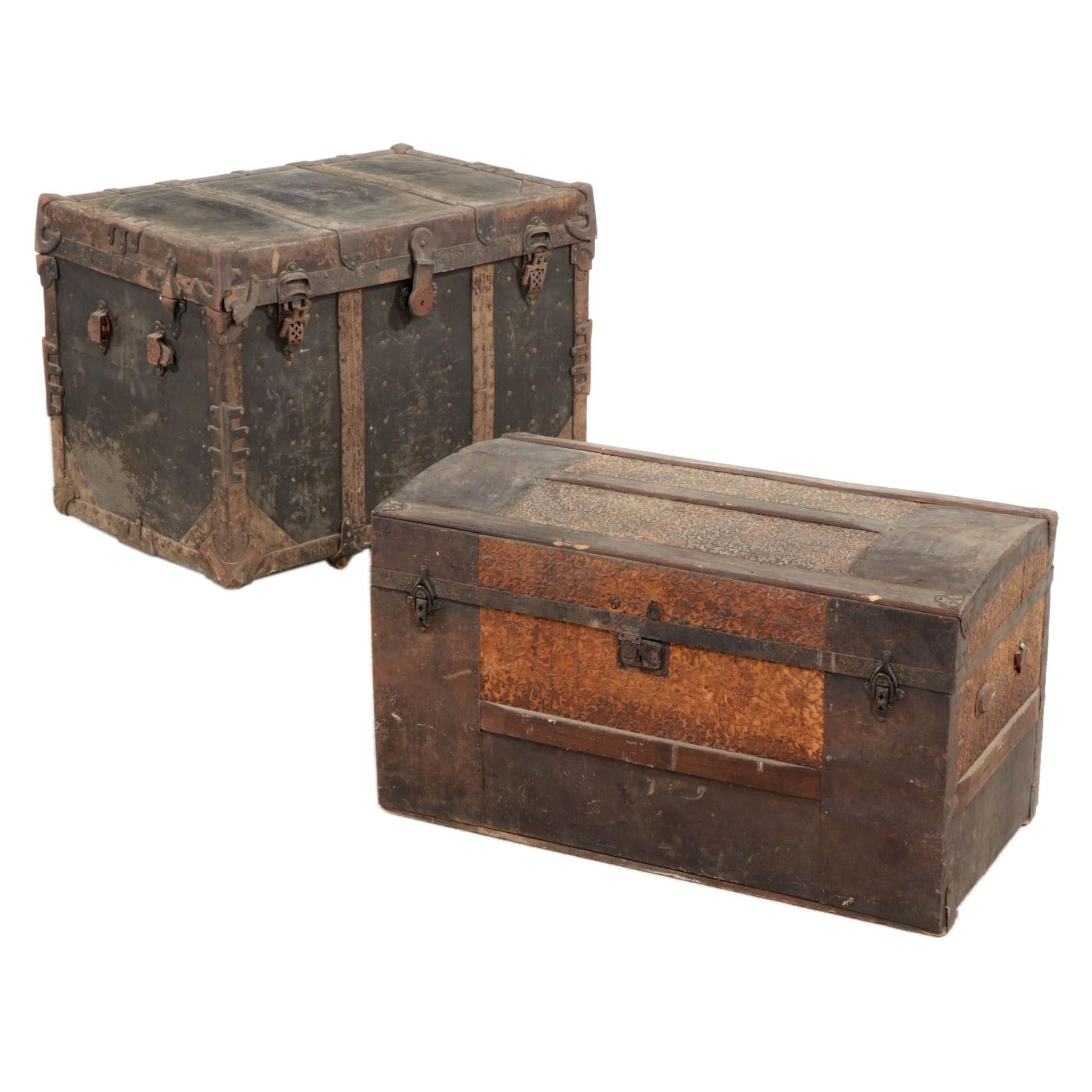 J.R. Hughes Flat-Top Trunk with Victorian Wood and Pressed Tin Trunk