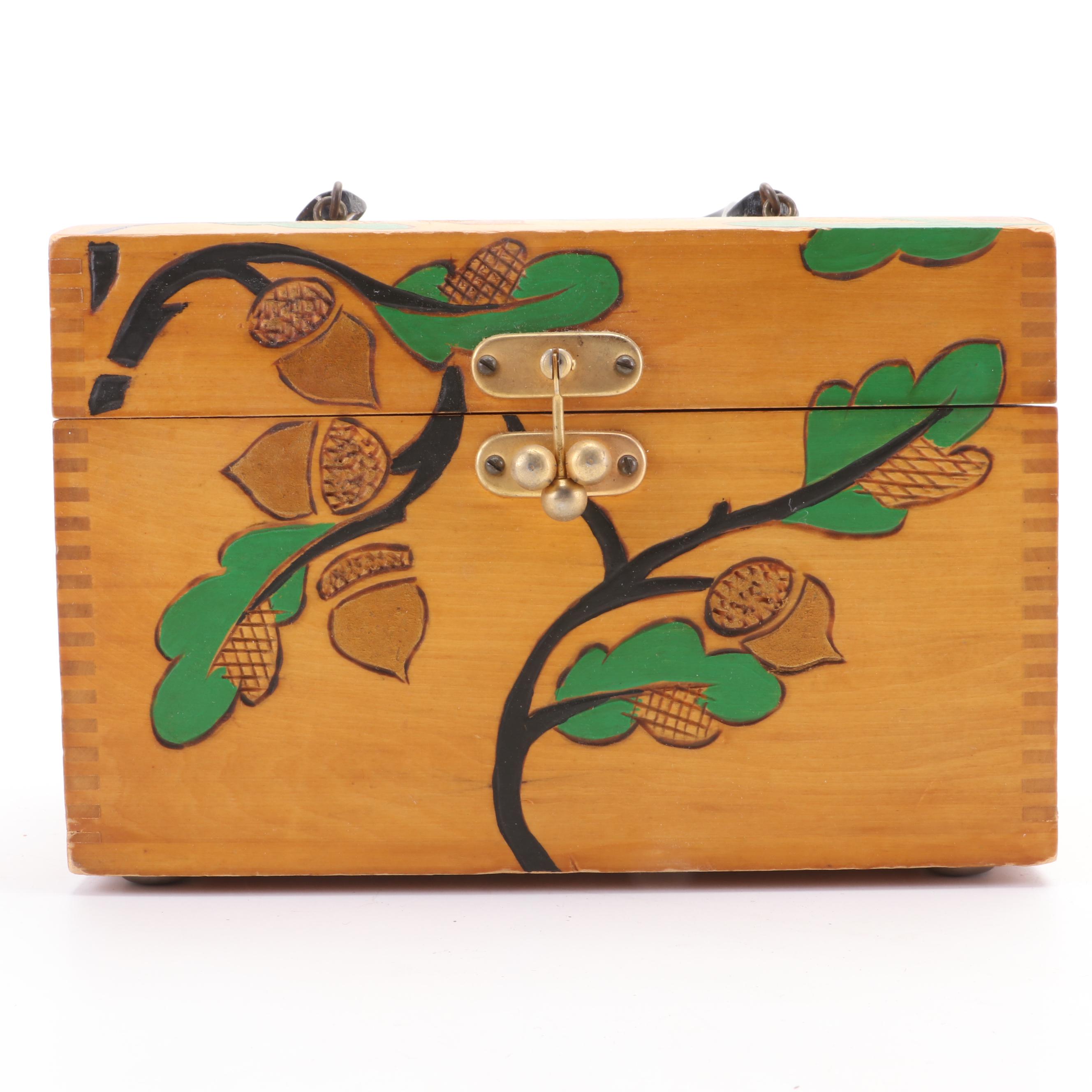 Hand-Carved and Painted Wooden Acorn Box with Shoe Stretchers