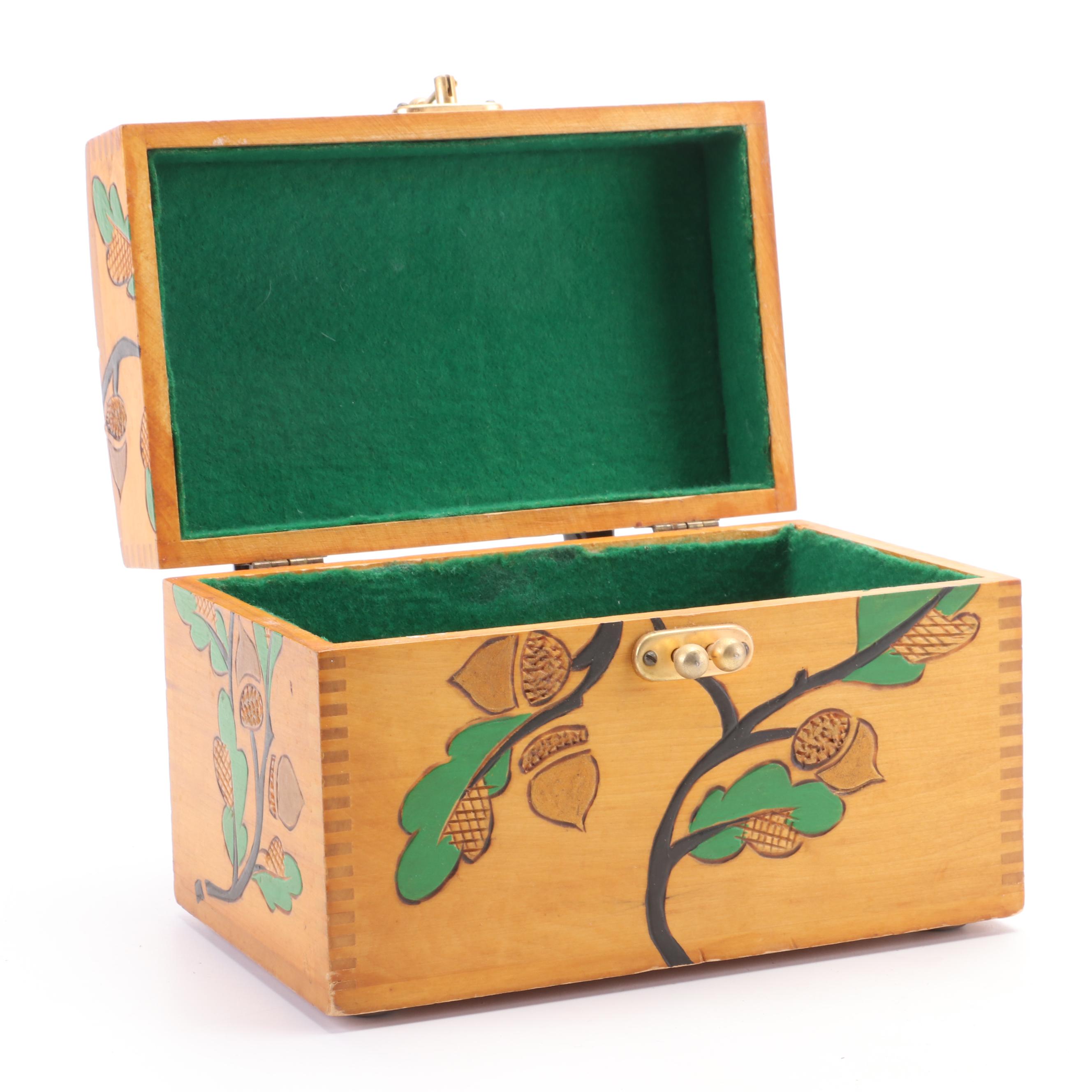 Hand-Carved and Painted Wooden Acorn Box with Shoe Stretchers