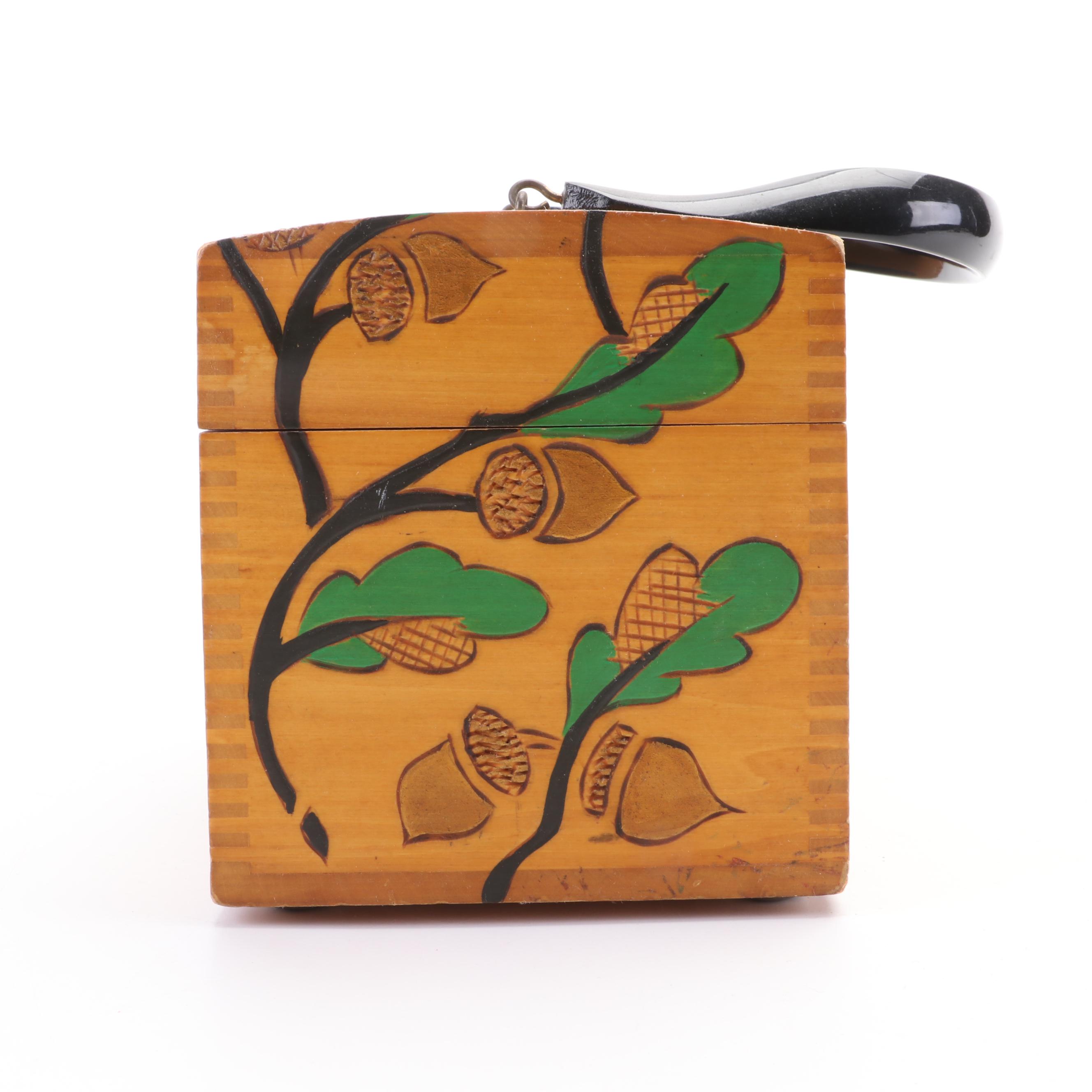 Hand-Carved and Painted Wooden Acorn Box with Shoe Stretchers
