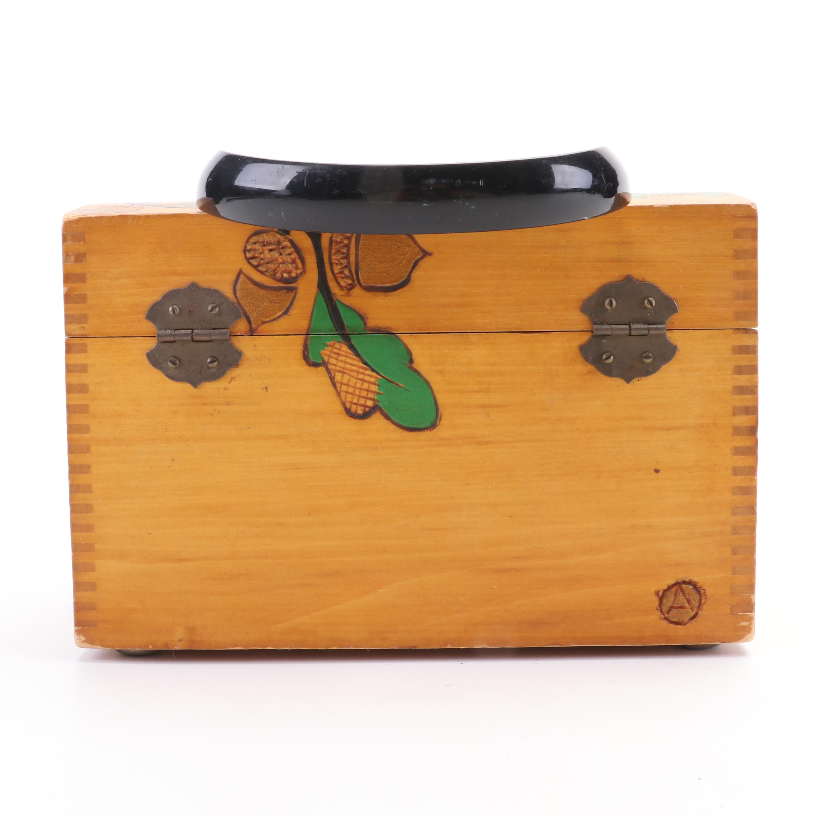Hand-Carved and Painted Wooden Acorn Box with Shoe Stretchers