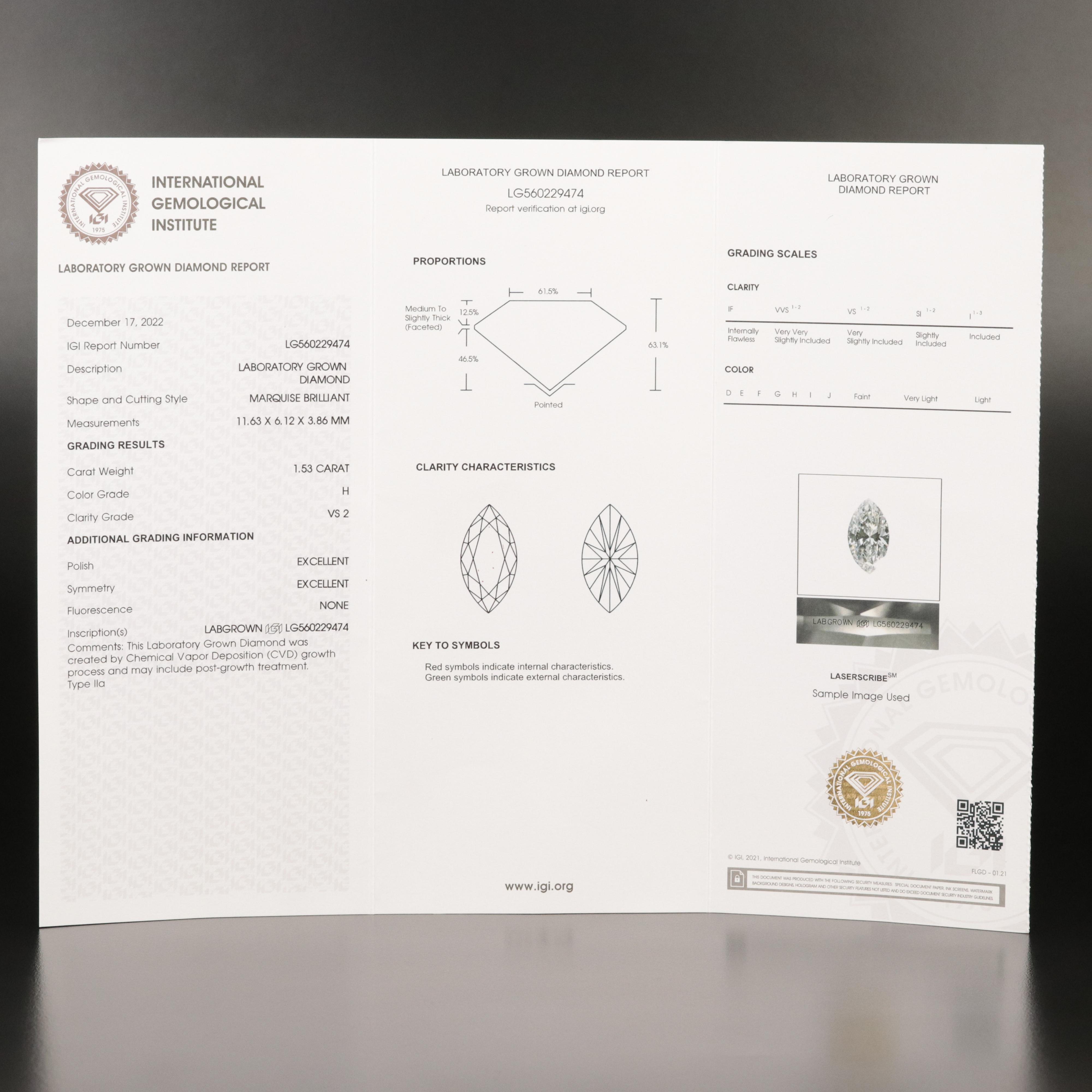 Loose 1.53 CT Lab Grown Diamond with IGI Report