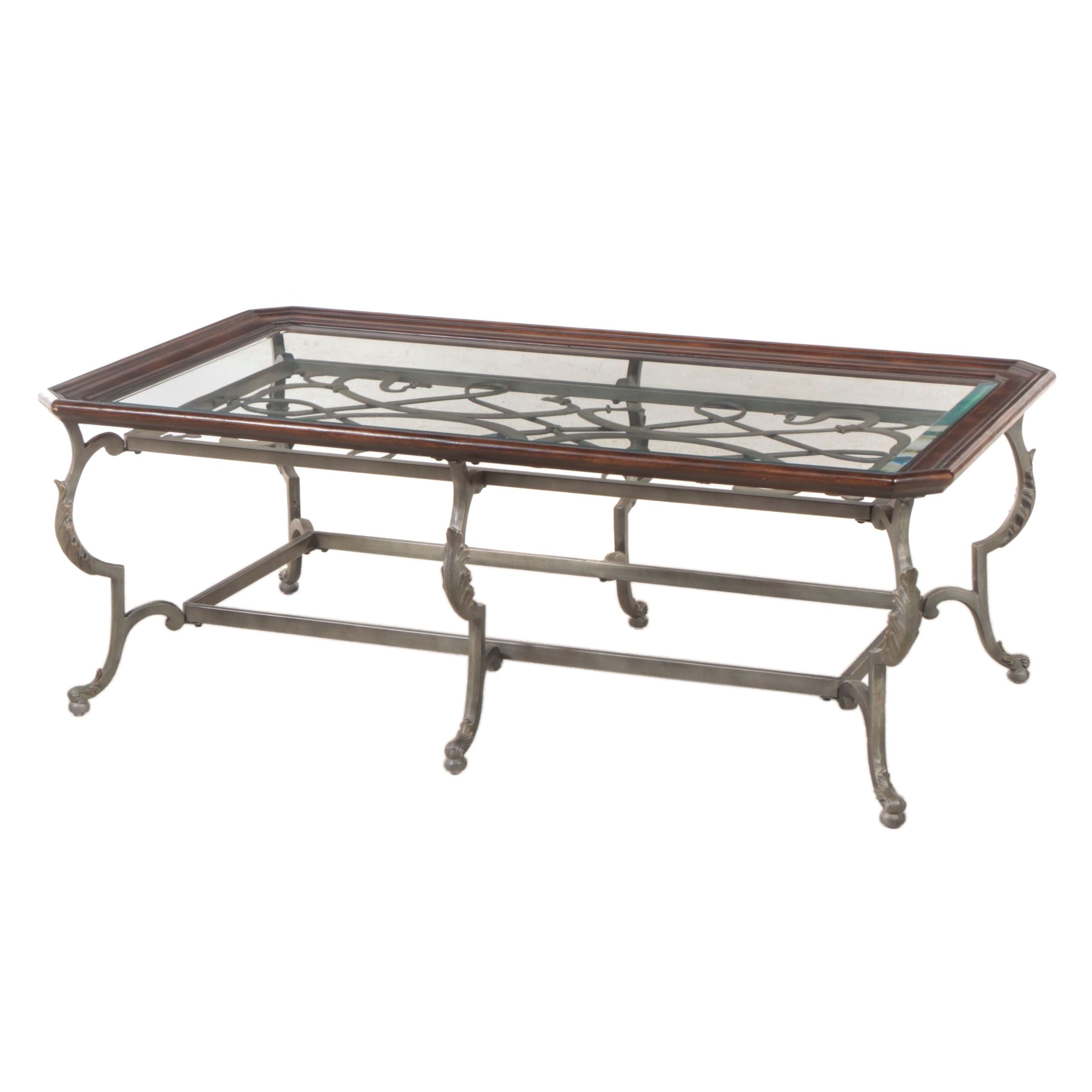 Klaussner International Patinated Metal, Wood, and Glass Top Coffee Table