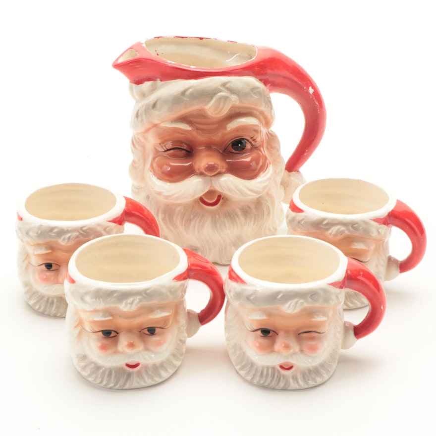 Japanese Ceramic Santa Pitcher with Mugs, Mid-20th Century