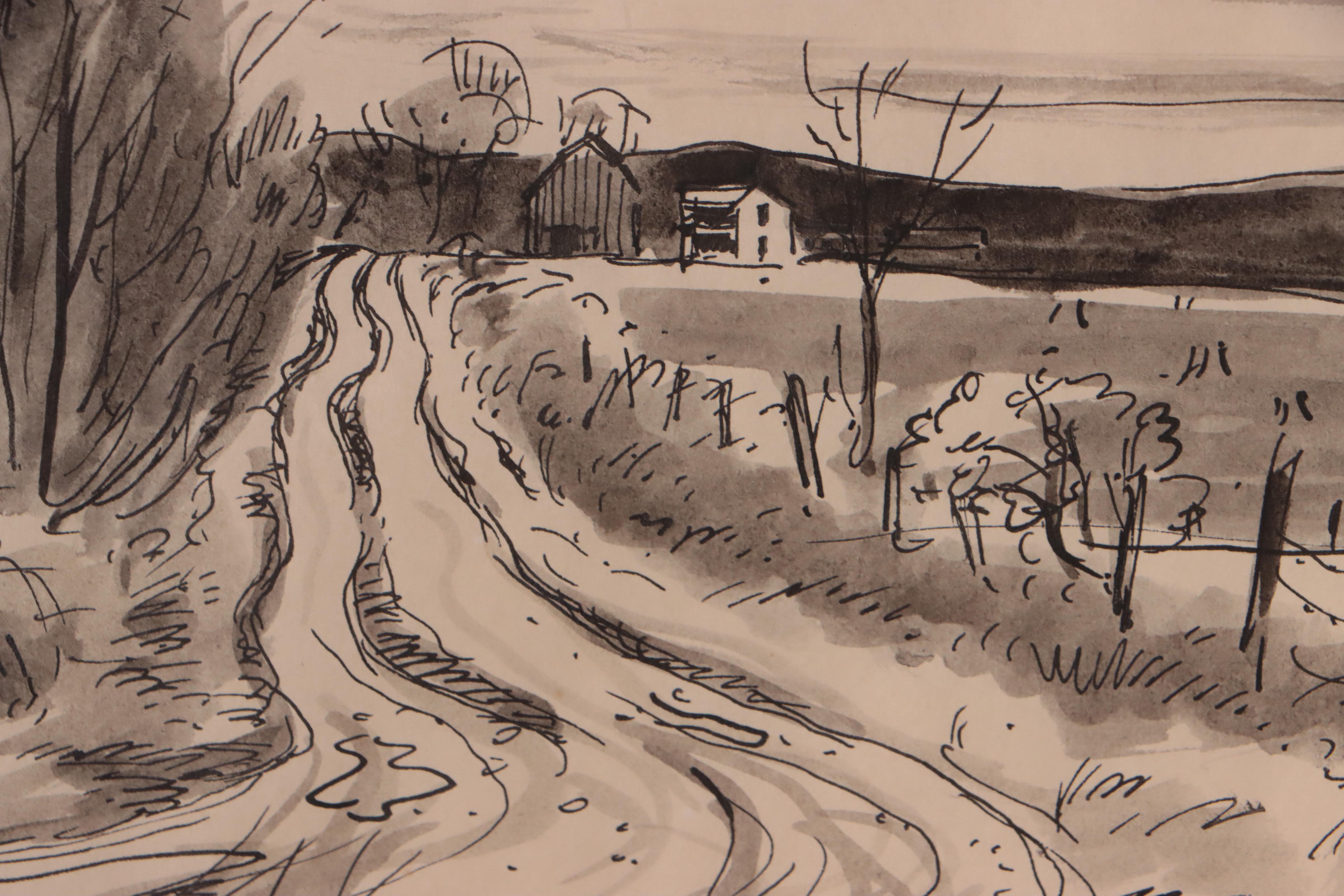 Frederic James Ink Drawing of Country Road, 1952