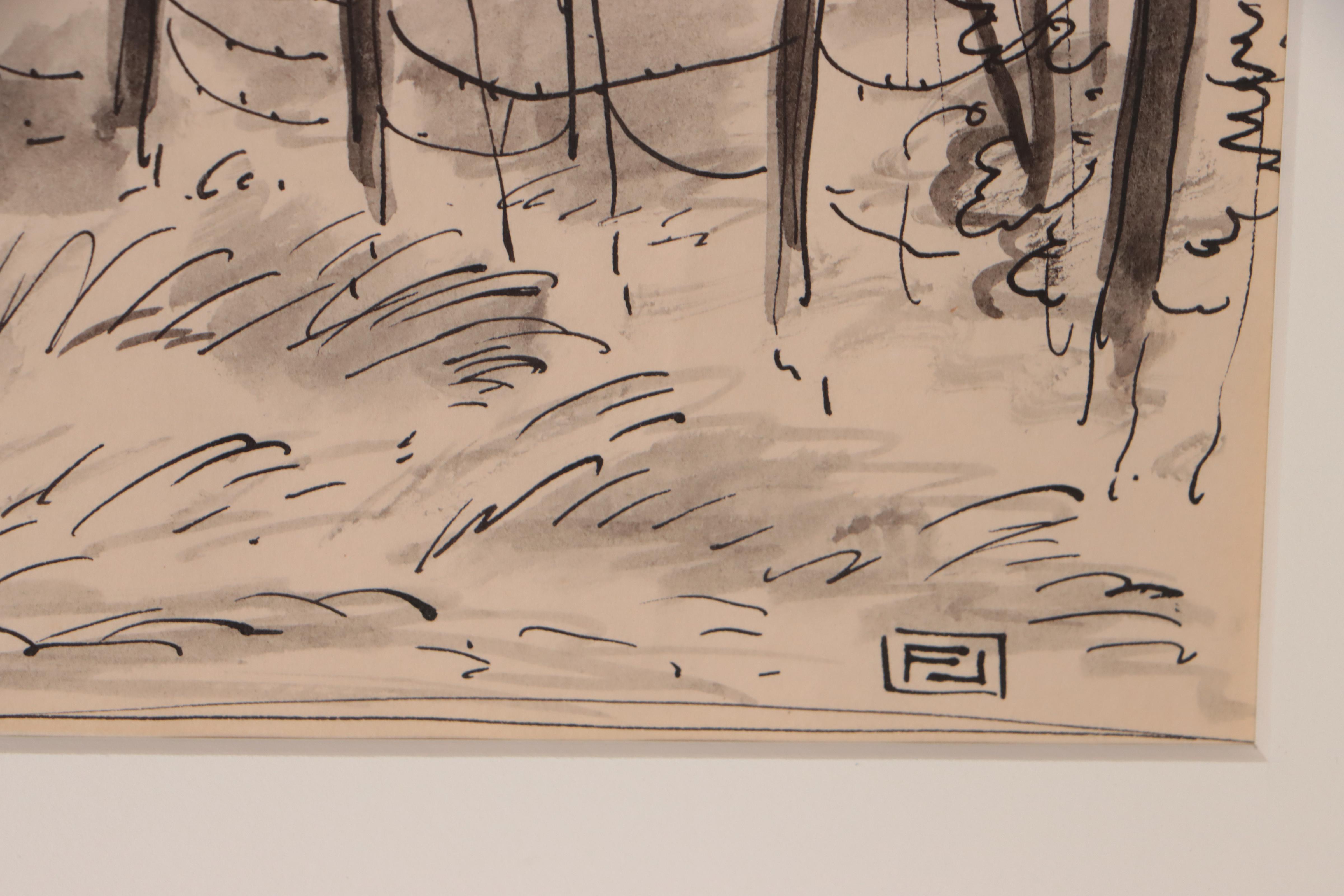 Frederic James Ink Drawing of Country Road, 1952