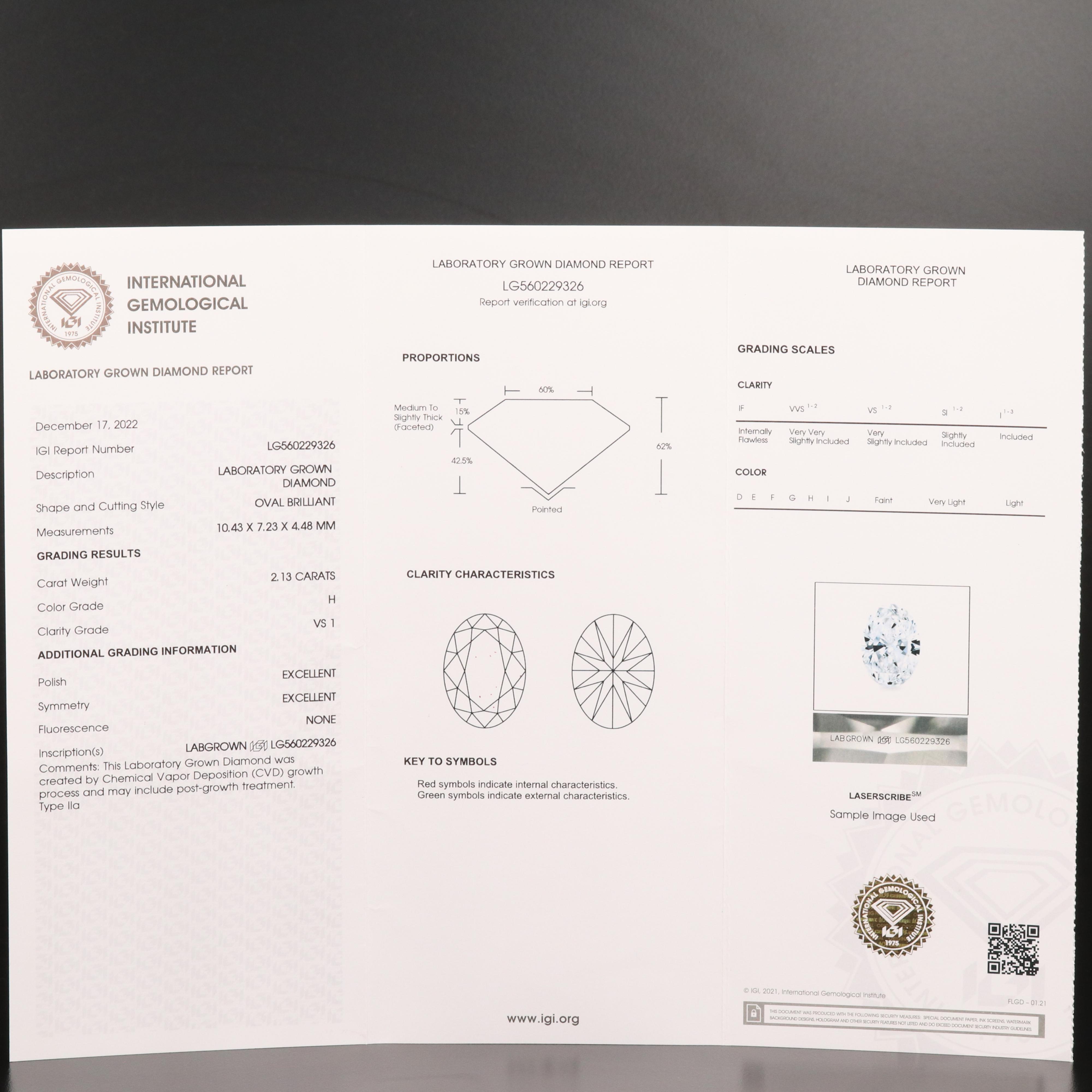 Loose 2.13 CT Lab Grown Diamond with IGI Report