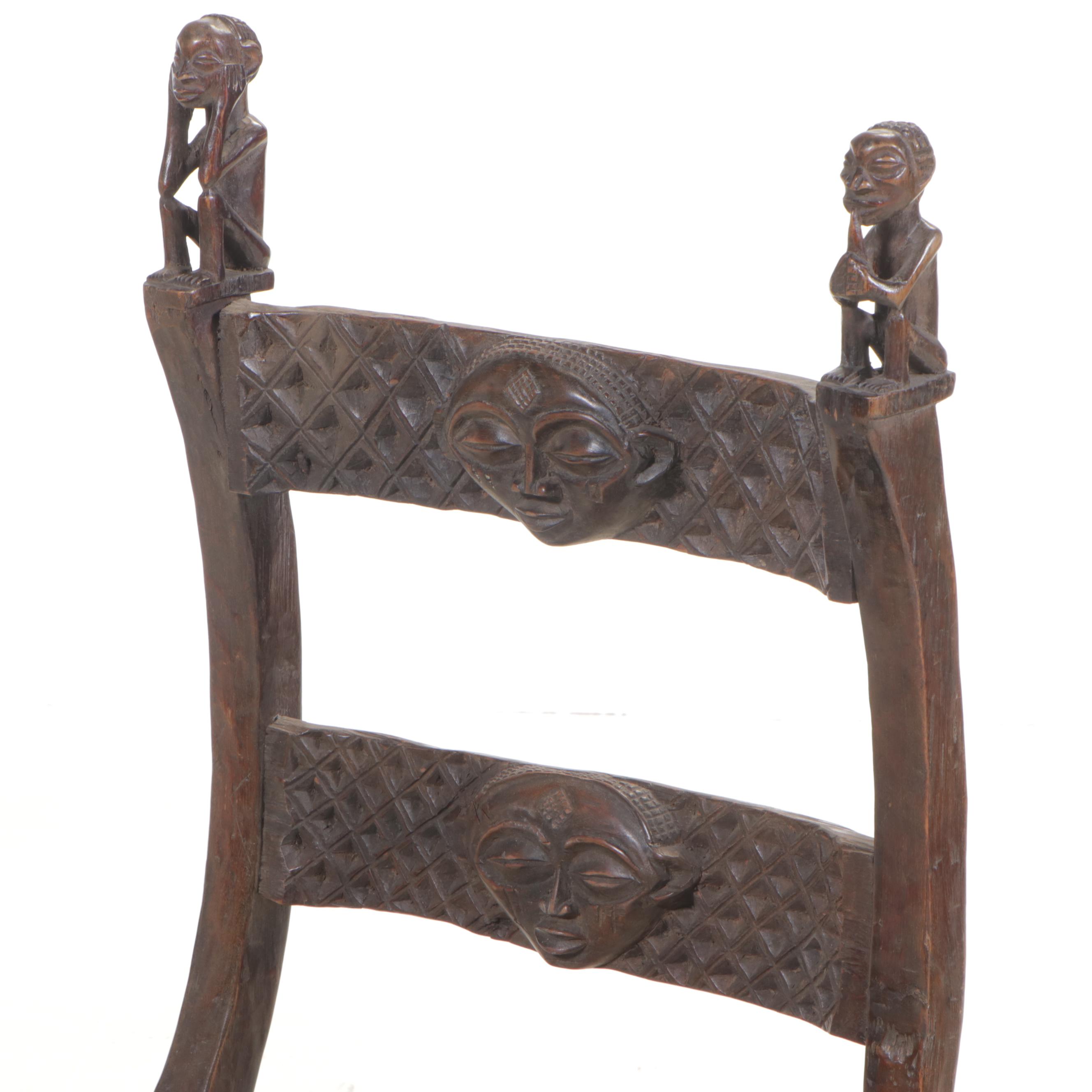 Chokwe Metal-Tacked and Carved Wooden Ngundja Chair, Mid-20th Century