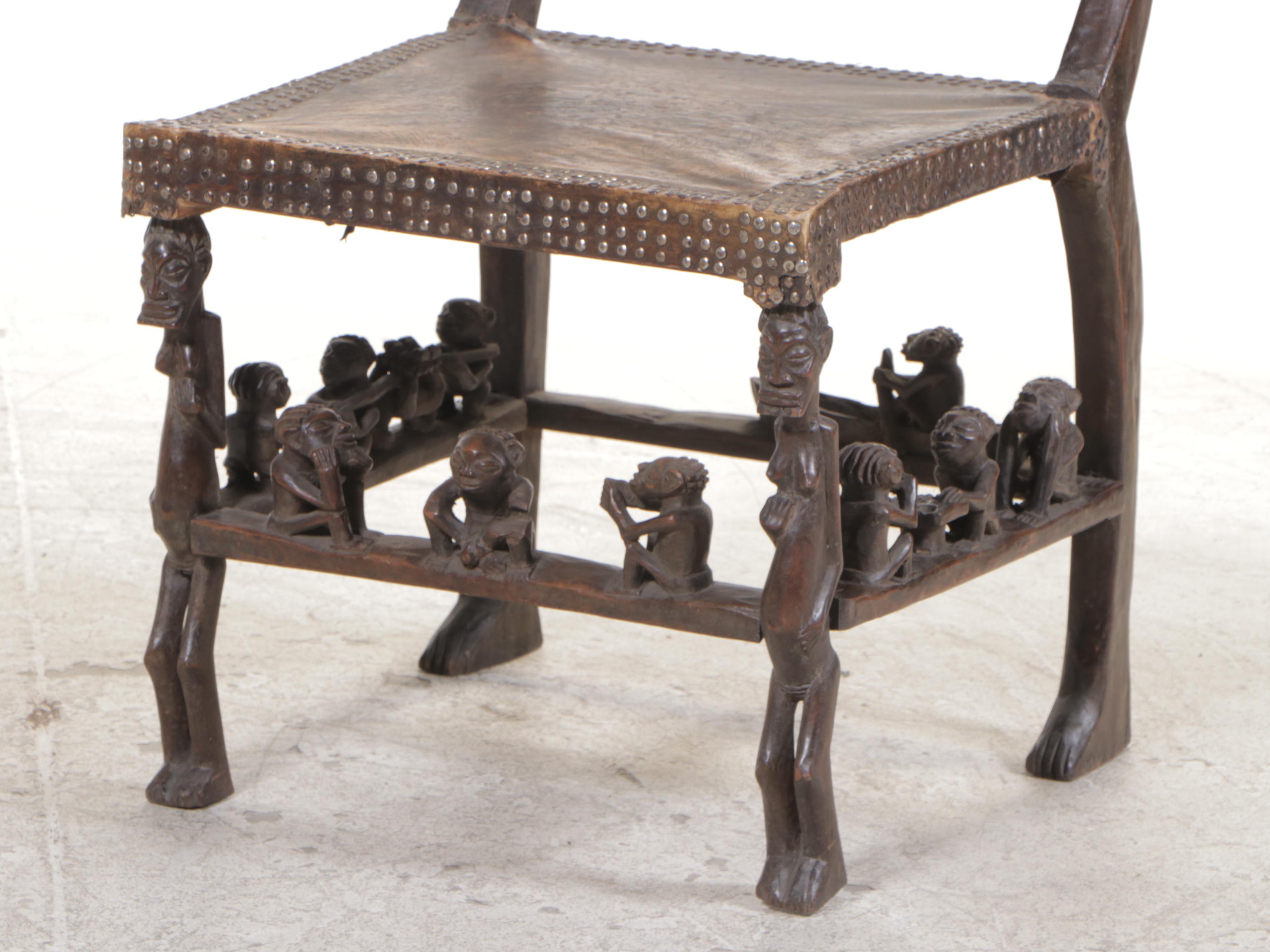 Chokwe Metal-Tacked and Carved Wooden Ngundja Chair, Mid-20th Century