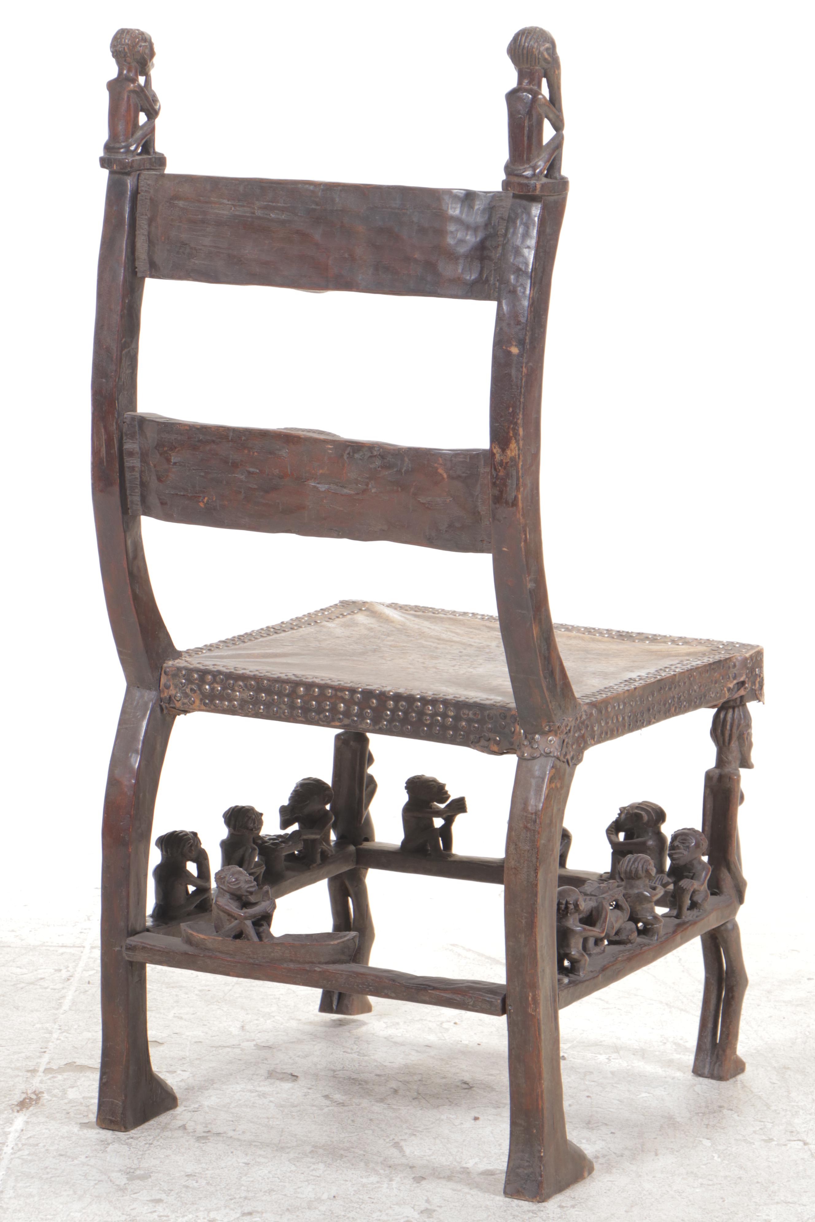Chokwe Metal-Tacked and Carved Wooden Ngundja Chair, Mid-20th Century
