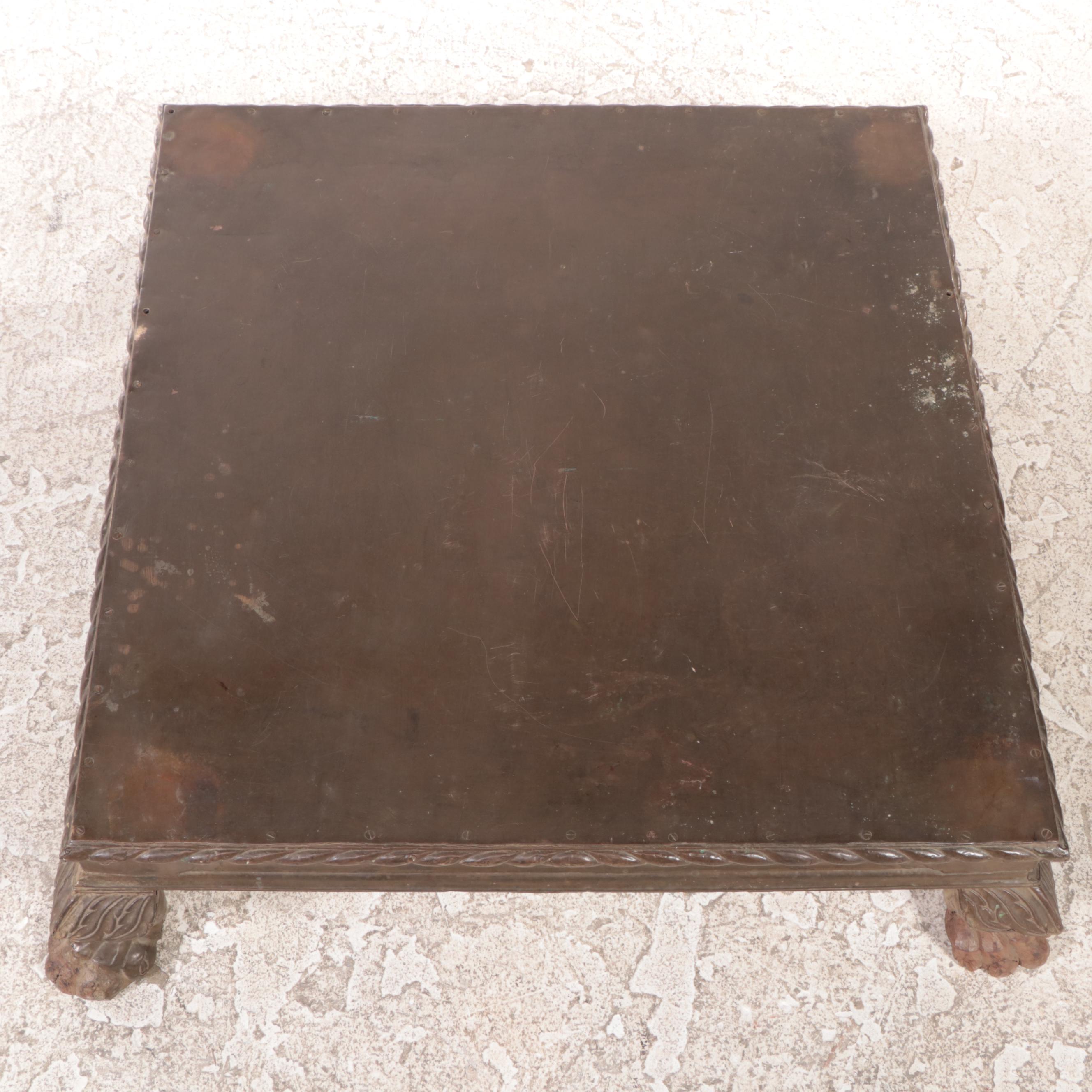 Indian Gujarati Brass Clad and Carved Wood Low Table, Early 20th Century