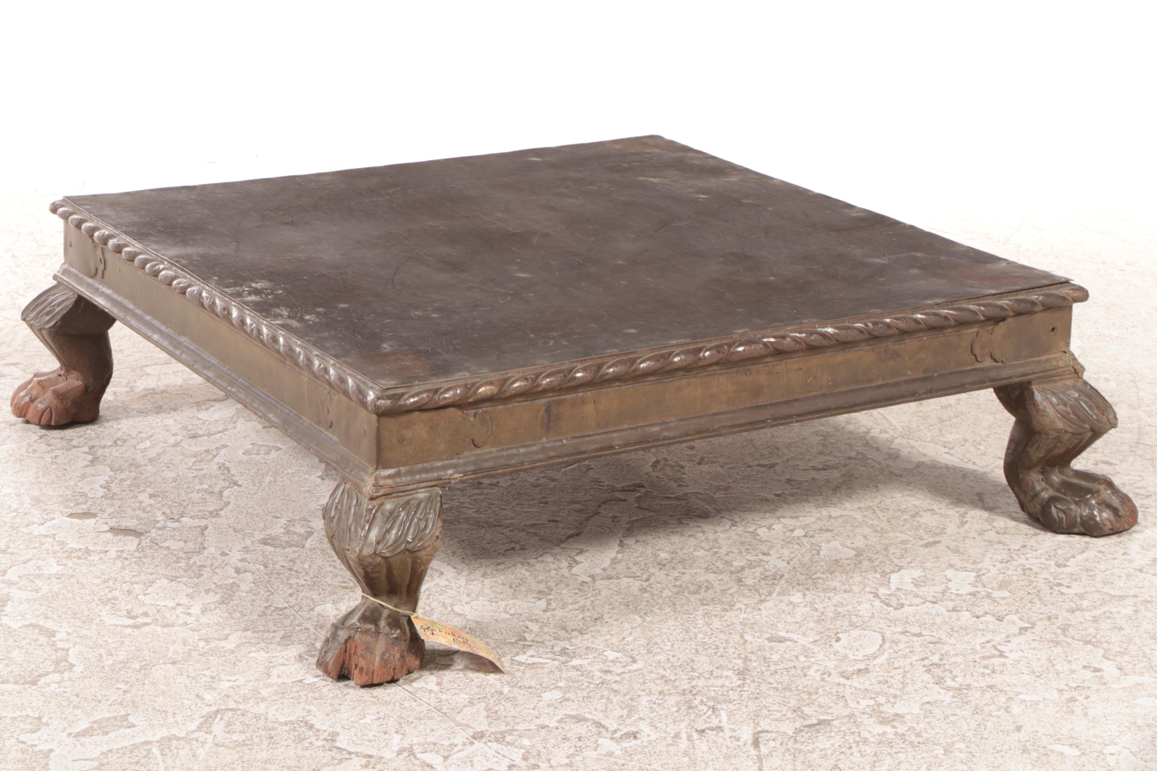 Indian Gujarati Brass Clad and Carved Wood Low Table, Early 20th Century