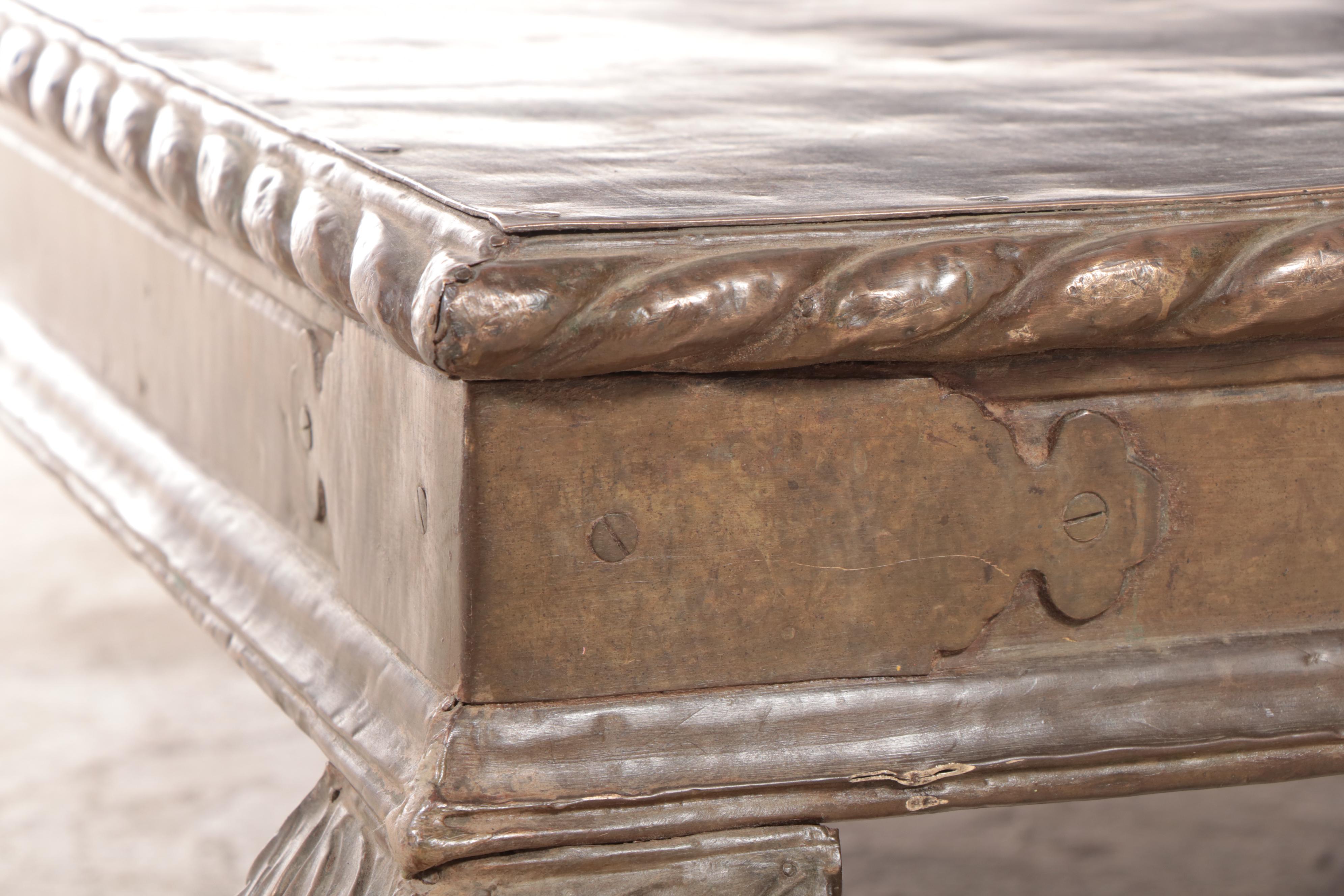 Indian Gujarati Brass Clad and Carved Wood Low Table, Early 20th Century