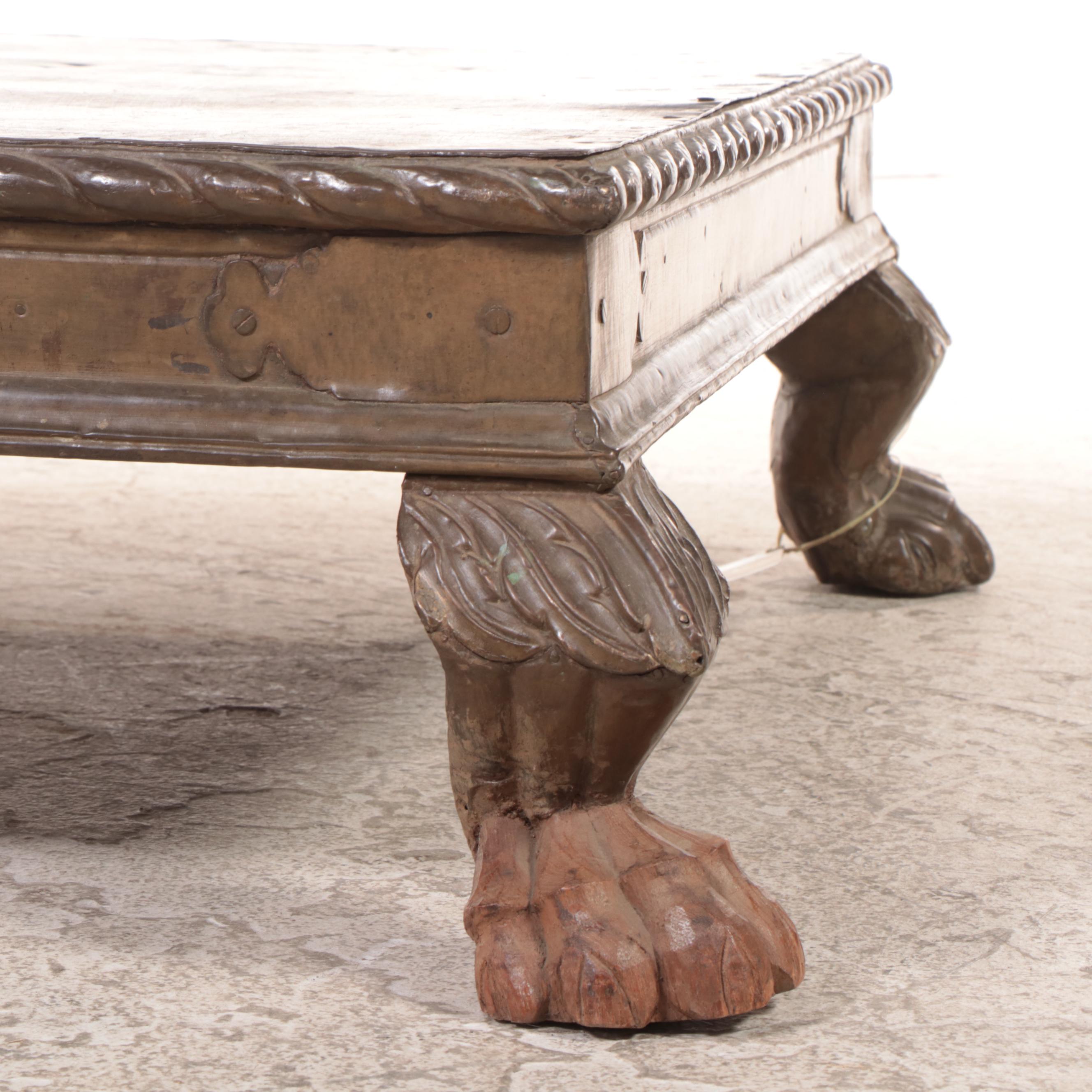 Indian Gujarati Brass Clad and Carved Wood Low Table, Early 20th Century