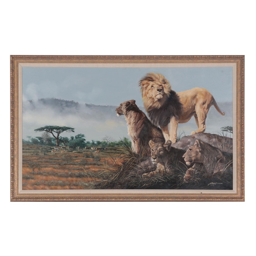 Donald Rust Oil Painting of Lions, 1992