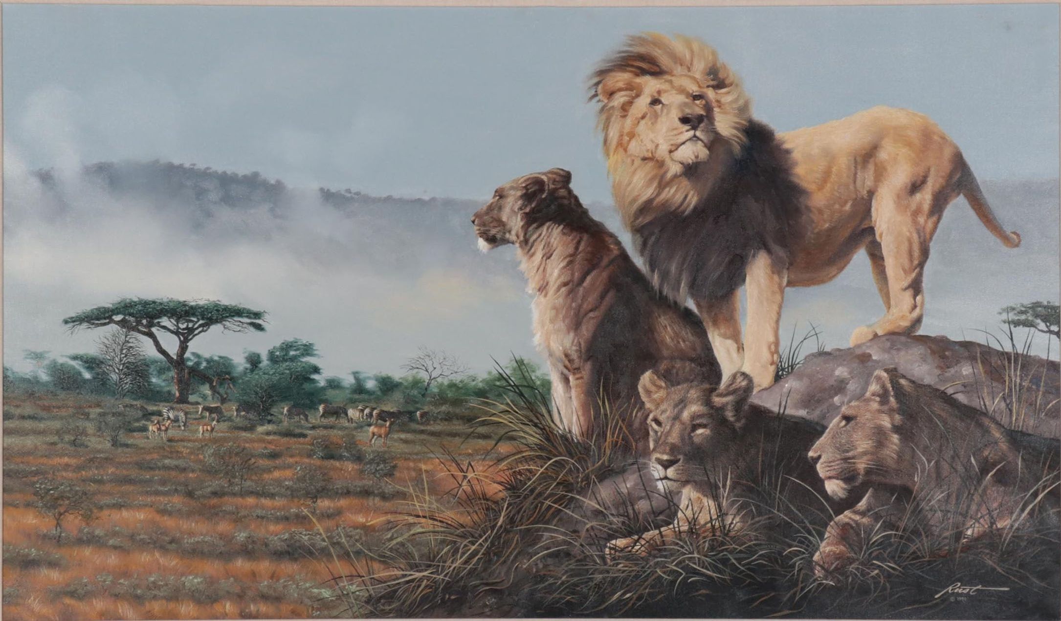 Donald Rust Oil Painting of Lions, 1992