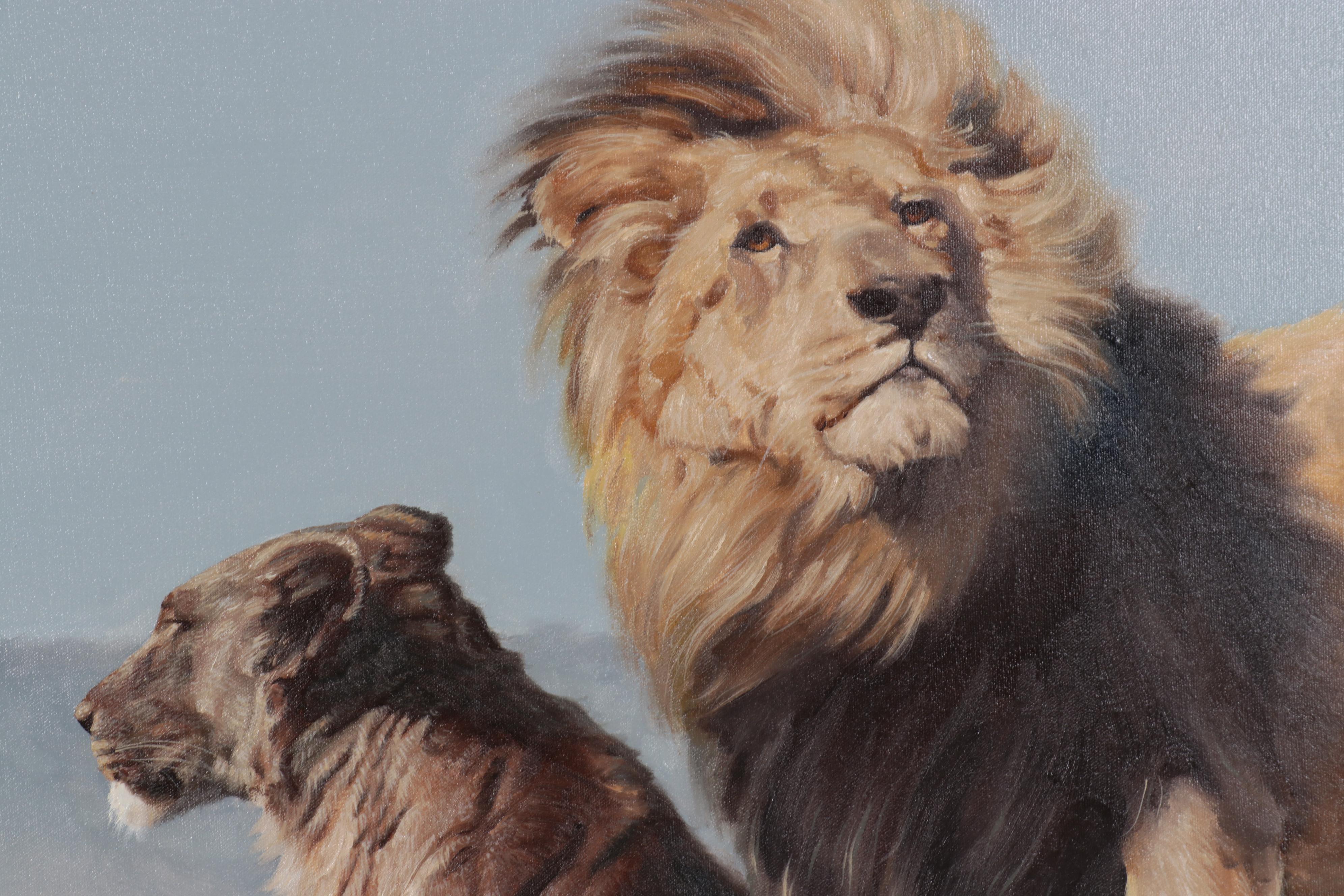 Donald Rust Oil Painting of Lions, 1992