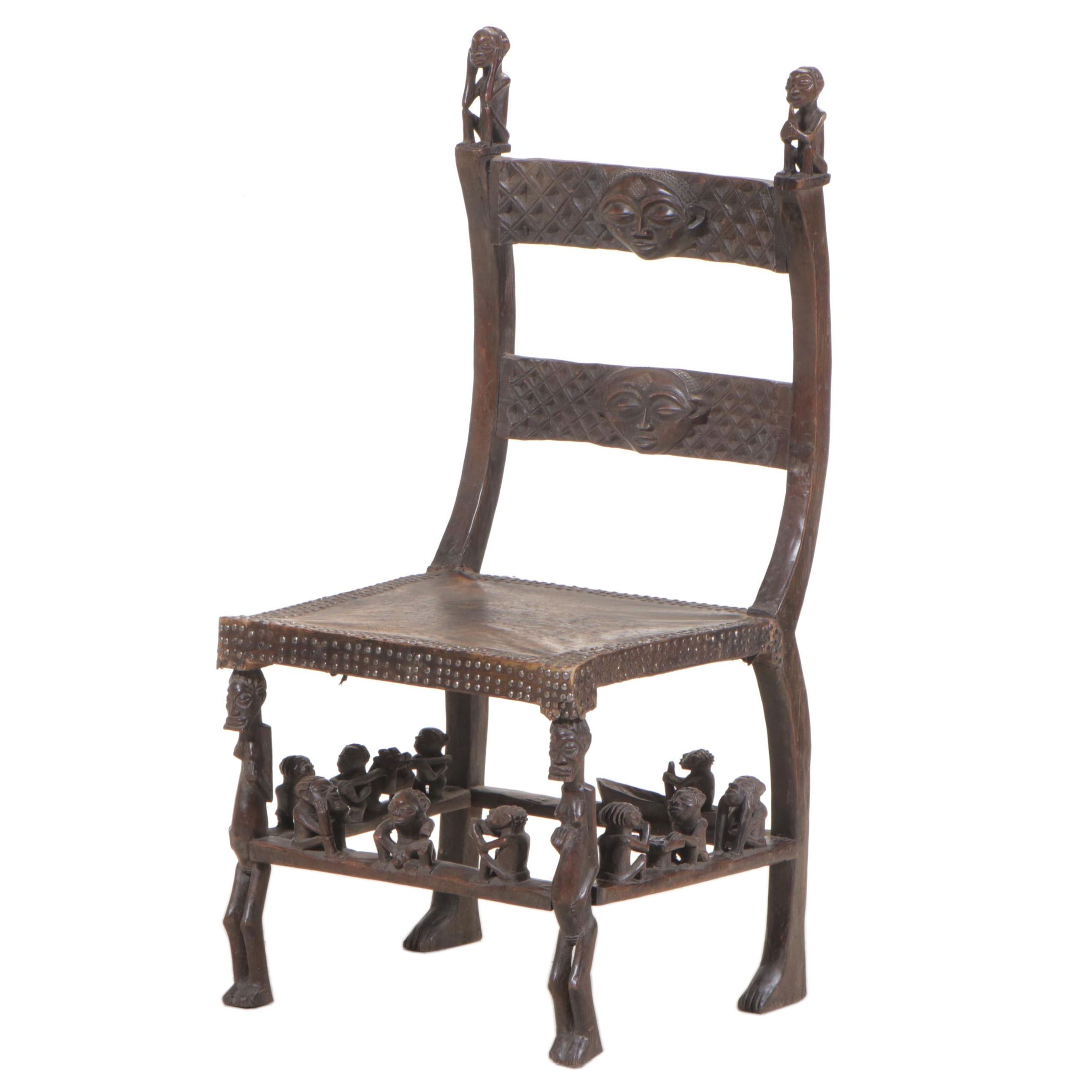 Chokwe Metal-Tacked and Carved Wooden Ngundja Chair, Mid-20th Century