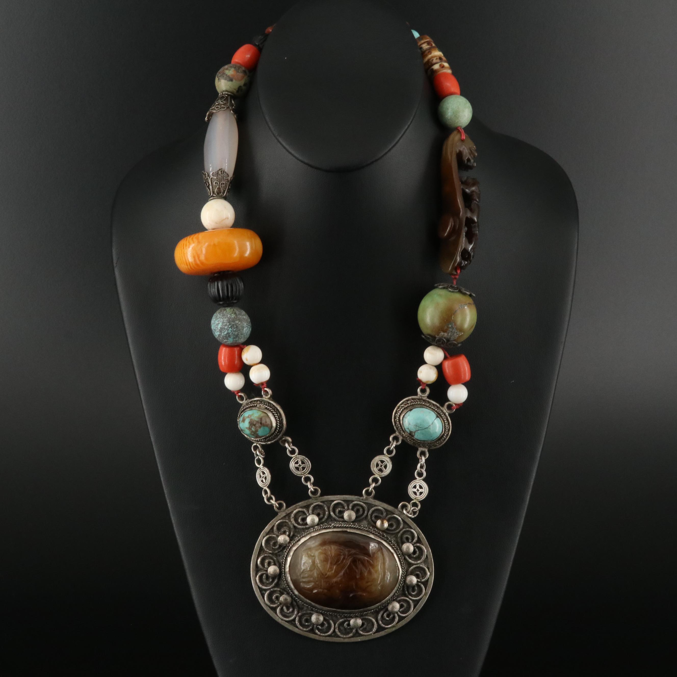 Necklace Including Bone, Turquoise and Faux Coral